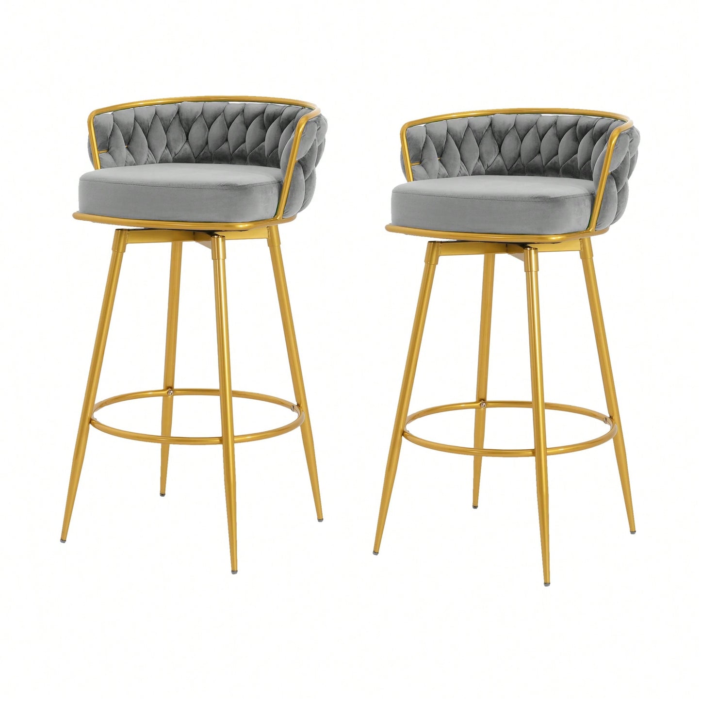 Modern Swivel Counter Height Bar Stools Set of 2 with Hand-Woven Backrest Gold Metal Legs Upholstered Low Back Kitchen Chairs Beige