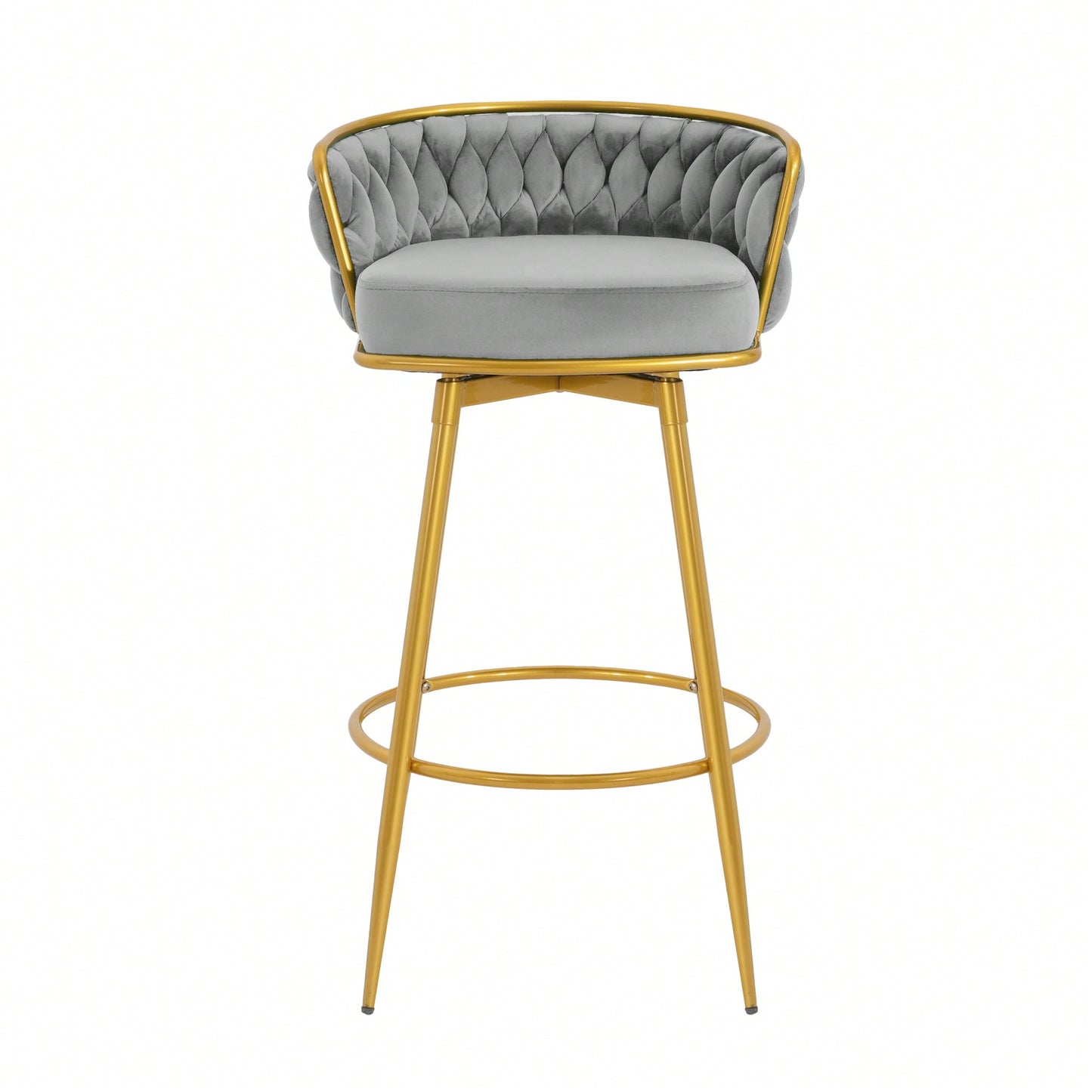Modern Swivel Counter Height Bar Stools Set of 2 with Hand-Woven Backrest Gold Metal Legs Upholstered Low Back Kitchen Chairs Beige