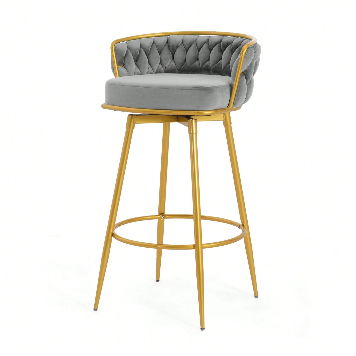 Modern Swivel Counter Height Bar Stools Set of 2 with Hand-Woven Backrest Gold Metal Legs Upholstered Low Back Kitchen Chairs Beige