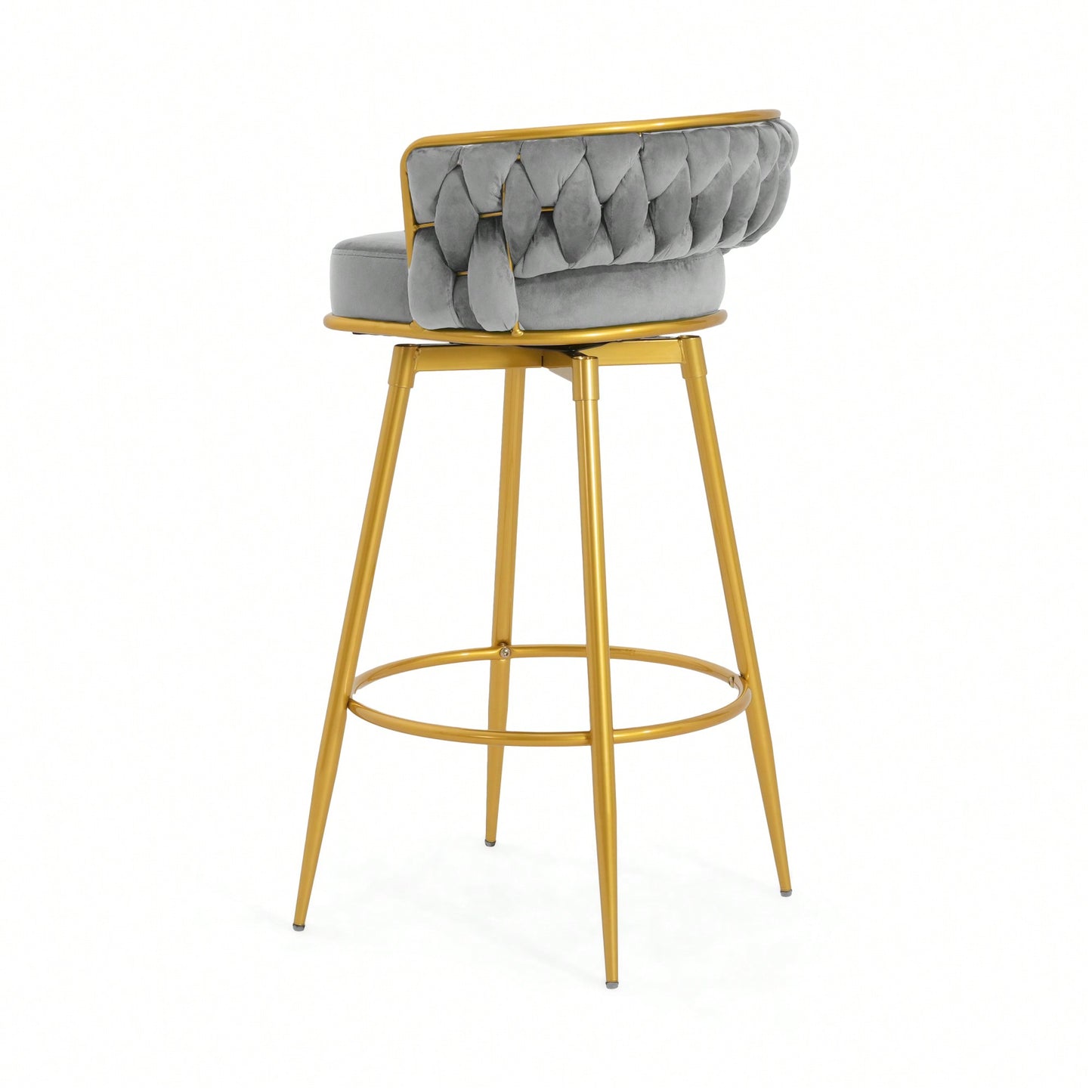 Modern Swivel Counter Height Bar Stools Set of 2 with Hand-Woven Backrest Gold Metal Legs Upholstered Low Back Kitchen Chairs Beige