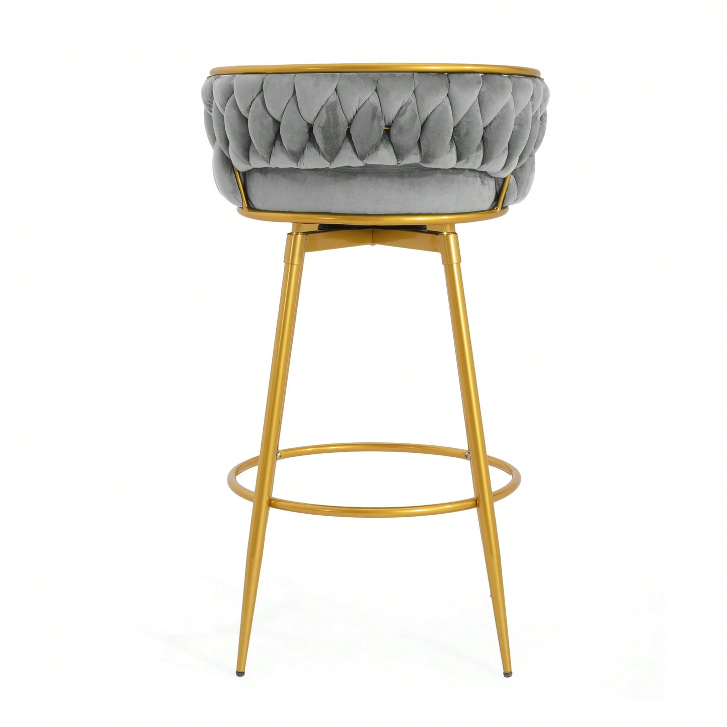 Modern Swivel Counter Height Bar Stools Set of 2 with Hand-Woven Backrest Gold Metal Legs Upholstered Low Back Kitchen Chairs Beige