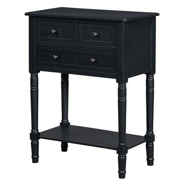 Slim Console Table With Three Drawers And Bottom Shelf In Beige For Entryway Or Living Room
