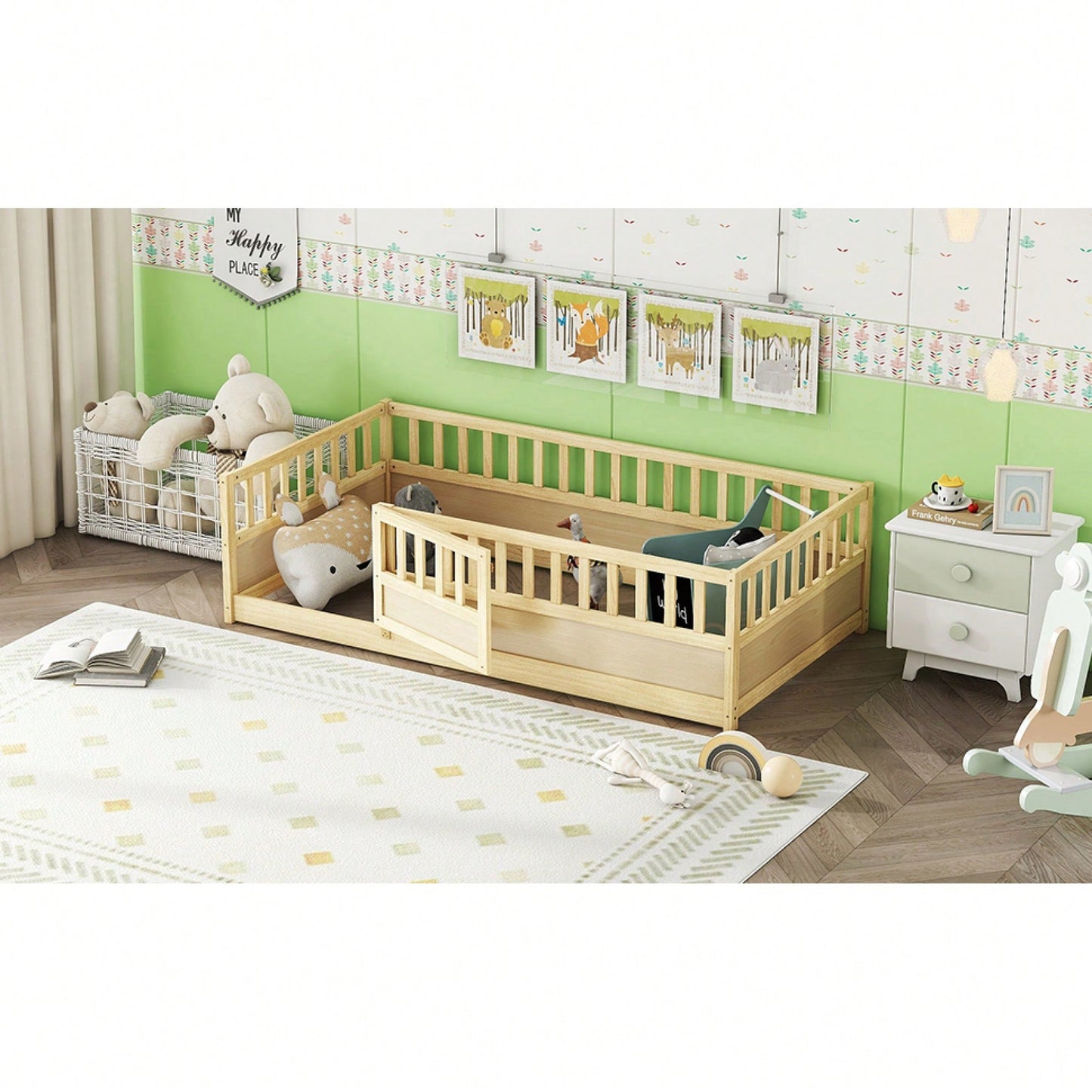 Montessori Twin Size Floor Bed With High Security Barrier And Door - Natural Wood Children's Bed Frame