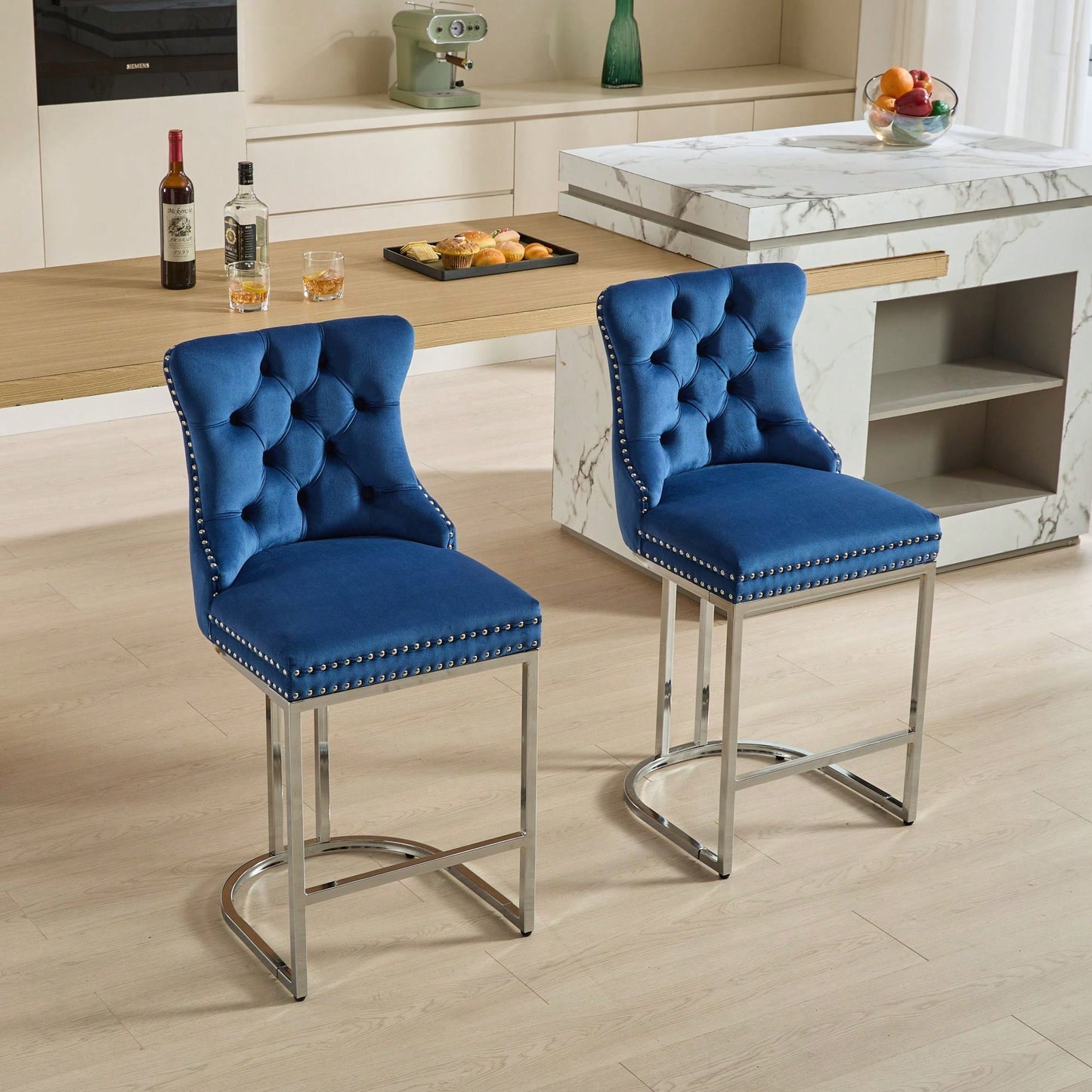 Modern Velvet Counter Height Bar Stools Set of 2 with Button Back Rivet Trim Upholstered Chairs Sturdy Chrome Base Farmhouse Black