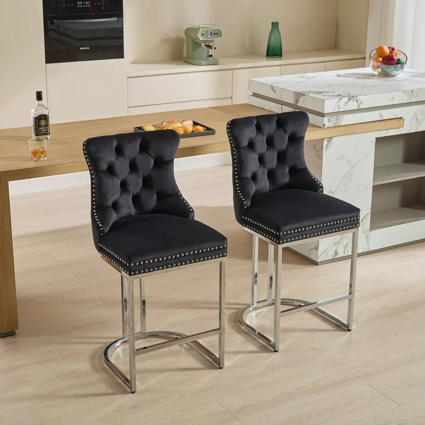 Modern Velvet Counter Height Bar Stools Set of 2 with Button Back Rivet Trim Upholstered Chairs Sturdy Chrome Base Farmhouse Black