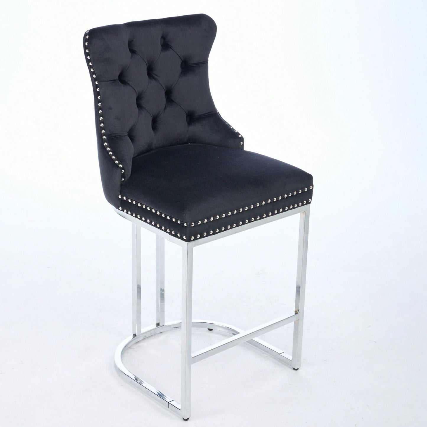 Modern Velvet Counter Height Bar Stools Set of 2 with Button Back Rivet Trim Upholstered Chairs Sturdy Chrome Base Farmhouse Black