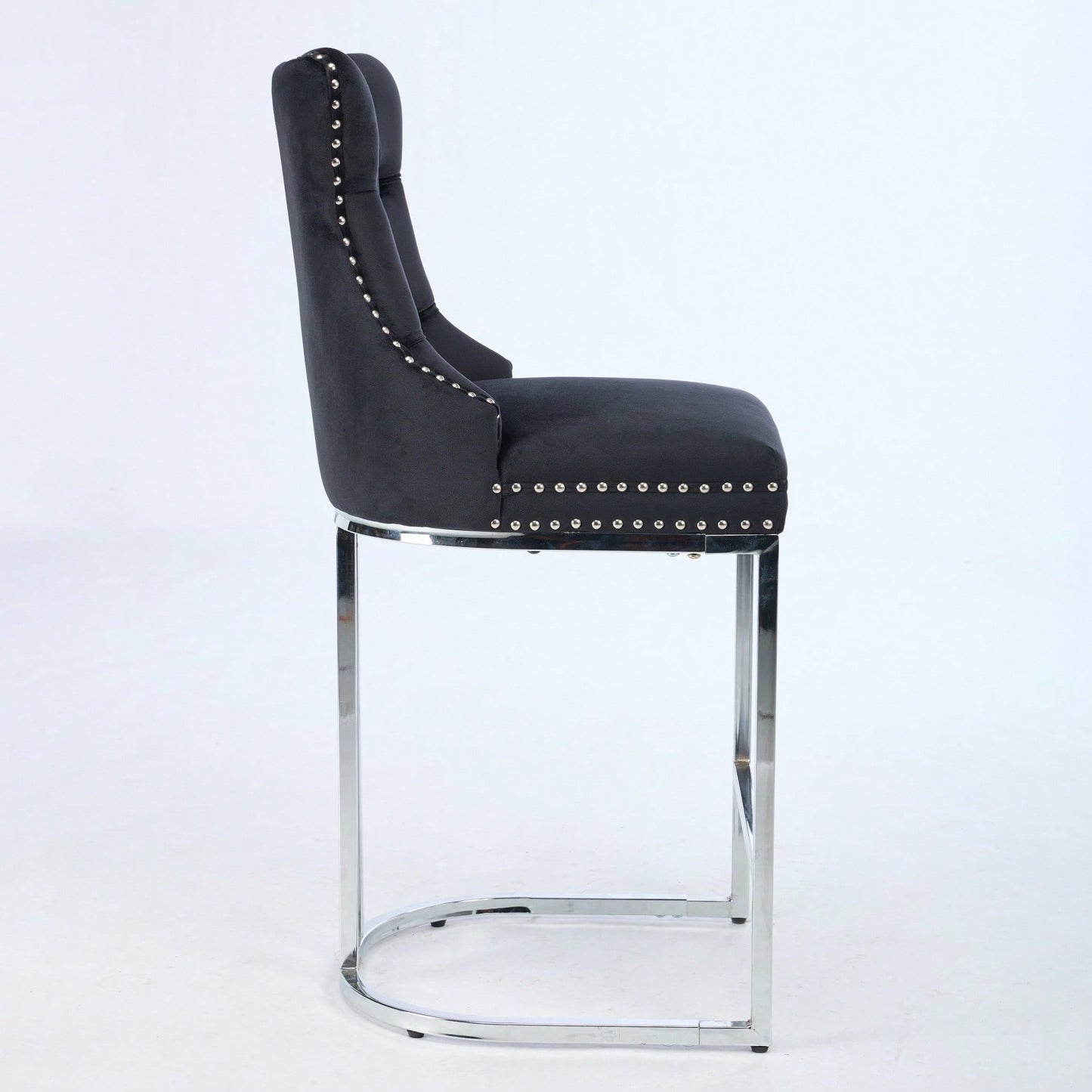 Modern Velvet Counter Height Bar Stools Set of 2 with Button Back Rivet Trim Upholstered Chairs Sturdy Chrome Base Farmhouse Black