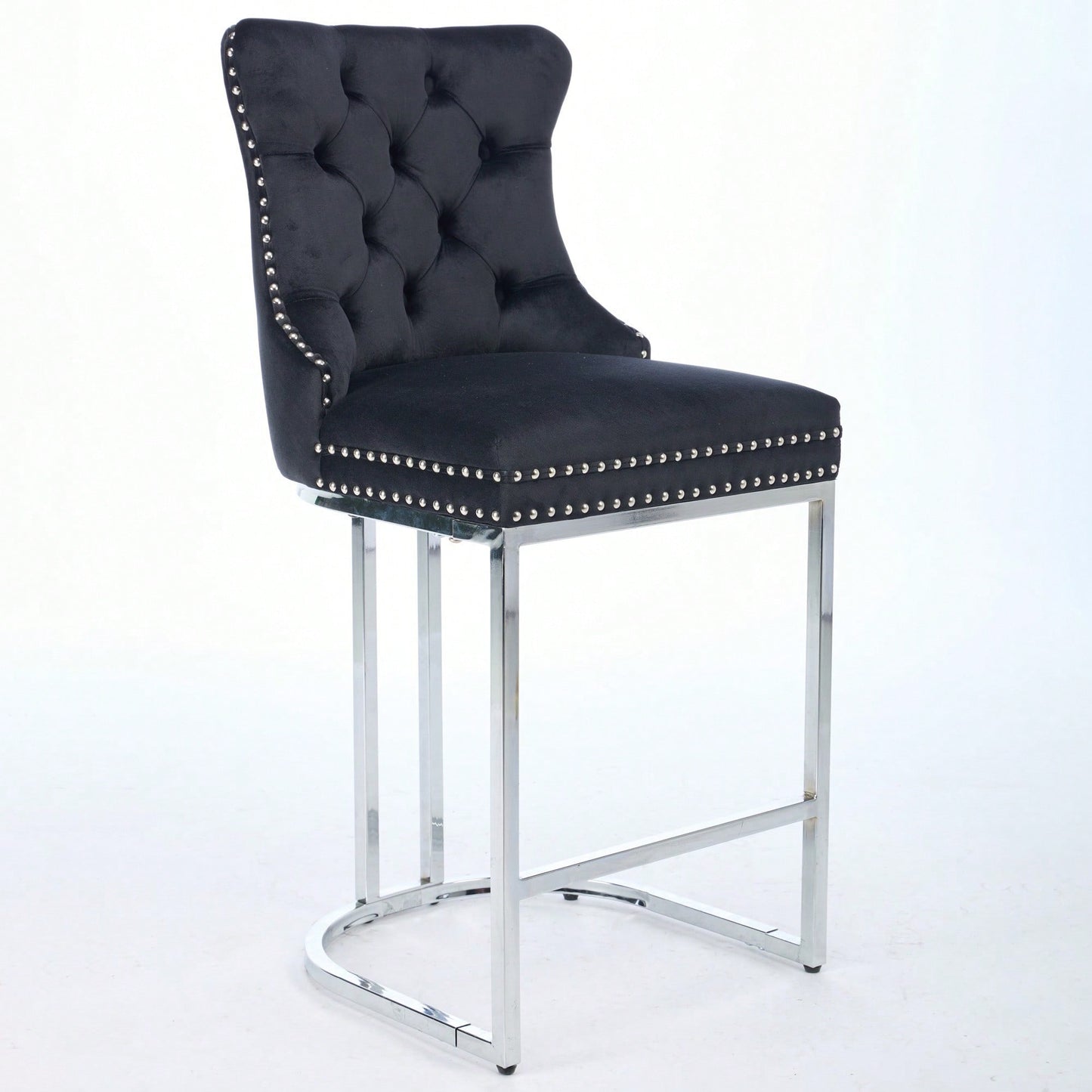 Modern Velvet Counter Height Bar Stools Set of 2 with Button Back Rivet Trim Upholstered Chairs Sturdy Chrome Base Farmhouse Black