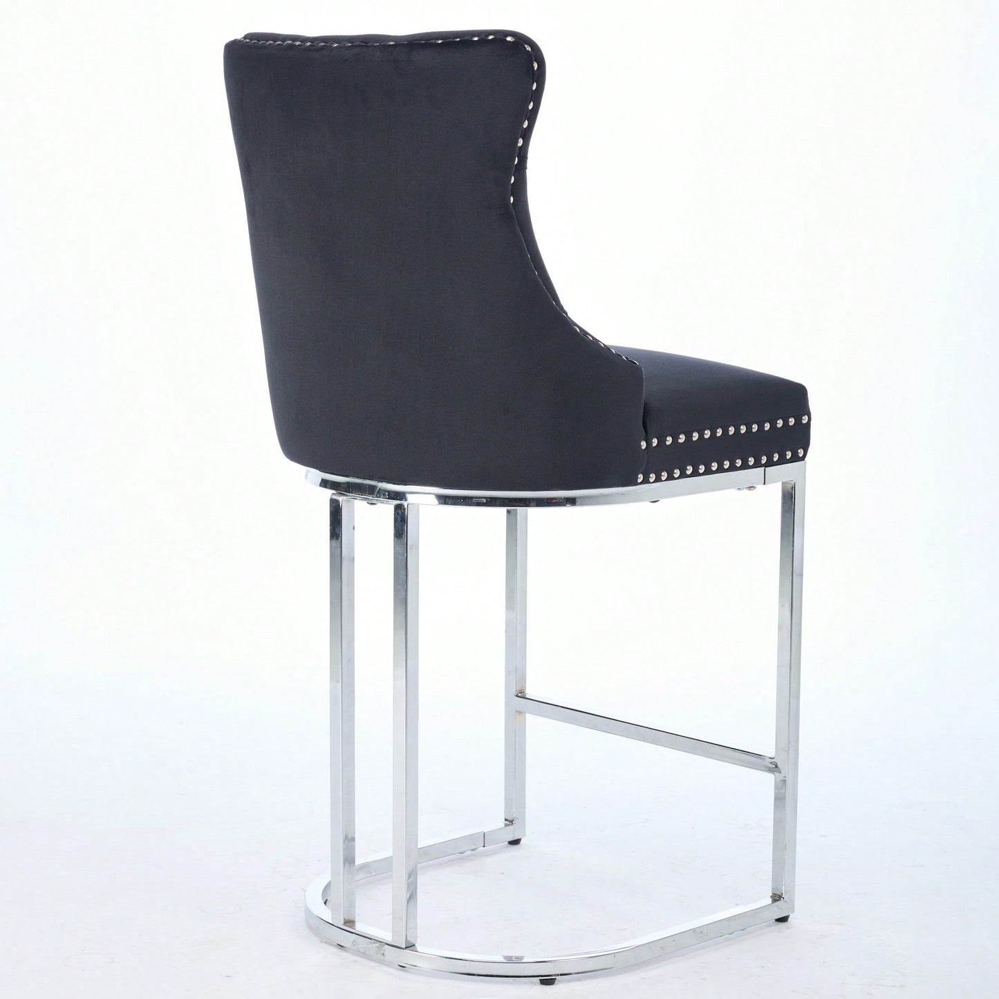 Modern Velvet Counter Height Bar Stools Set of 2 with Button Back Rivet Trim Upholstered Chairs Sturdy Chrome Base Farmhouse Black