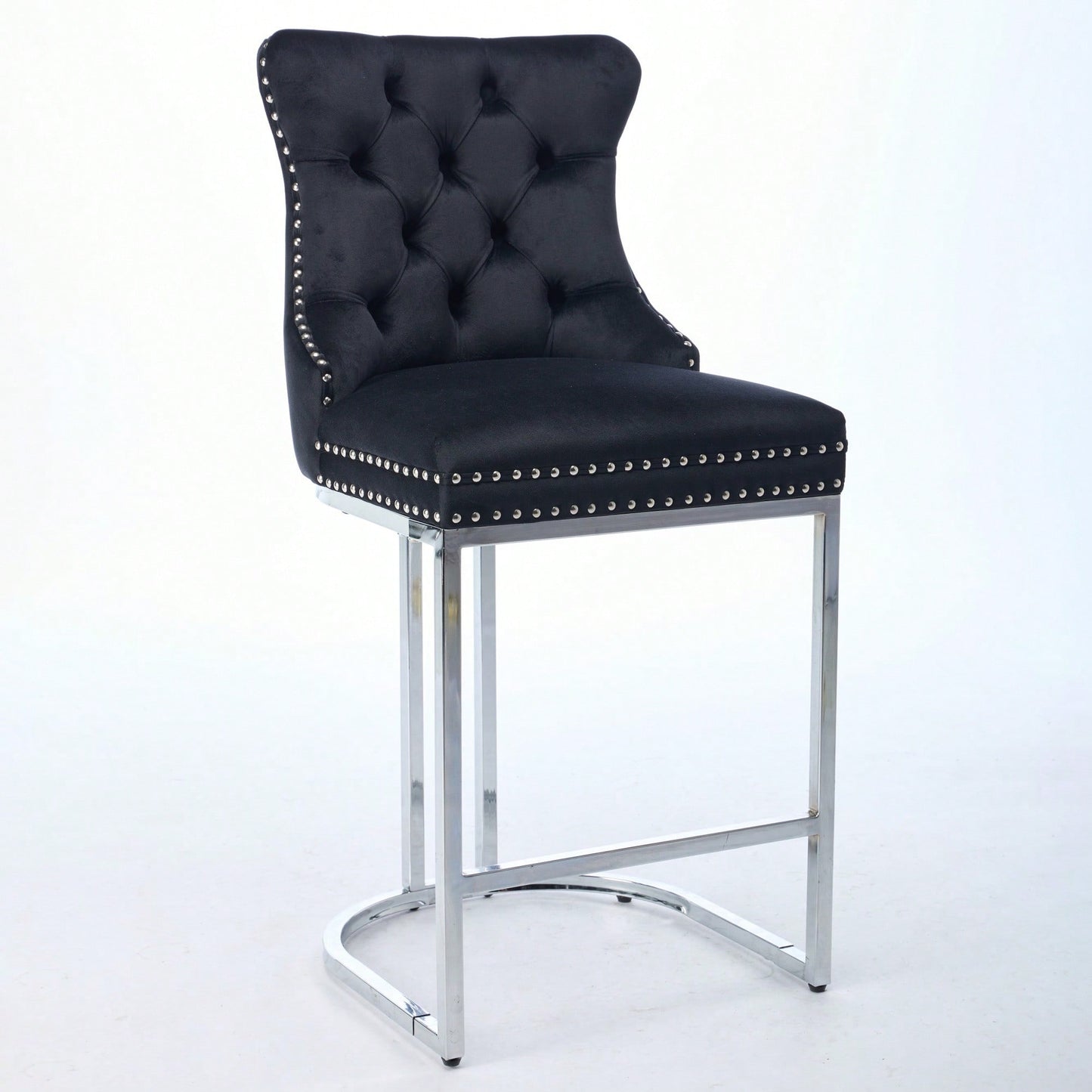 Modern Velvet Counter Height Bar Stools Set of 2 with Button Back Rivet Trim Upholstered Chairs Sturdy Chrome Base Farmhouse Black