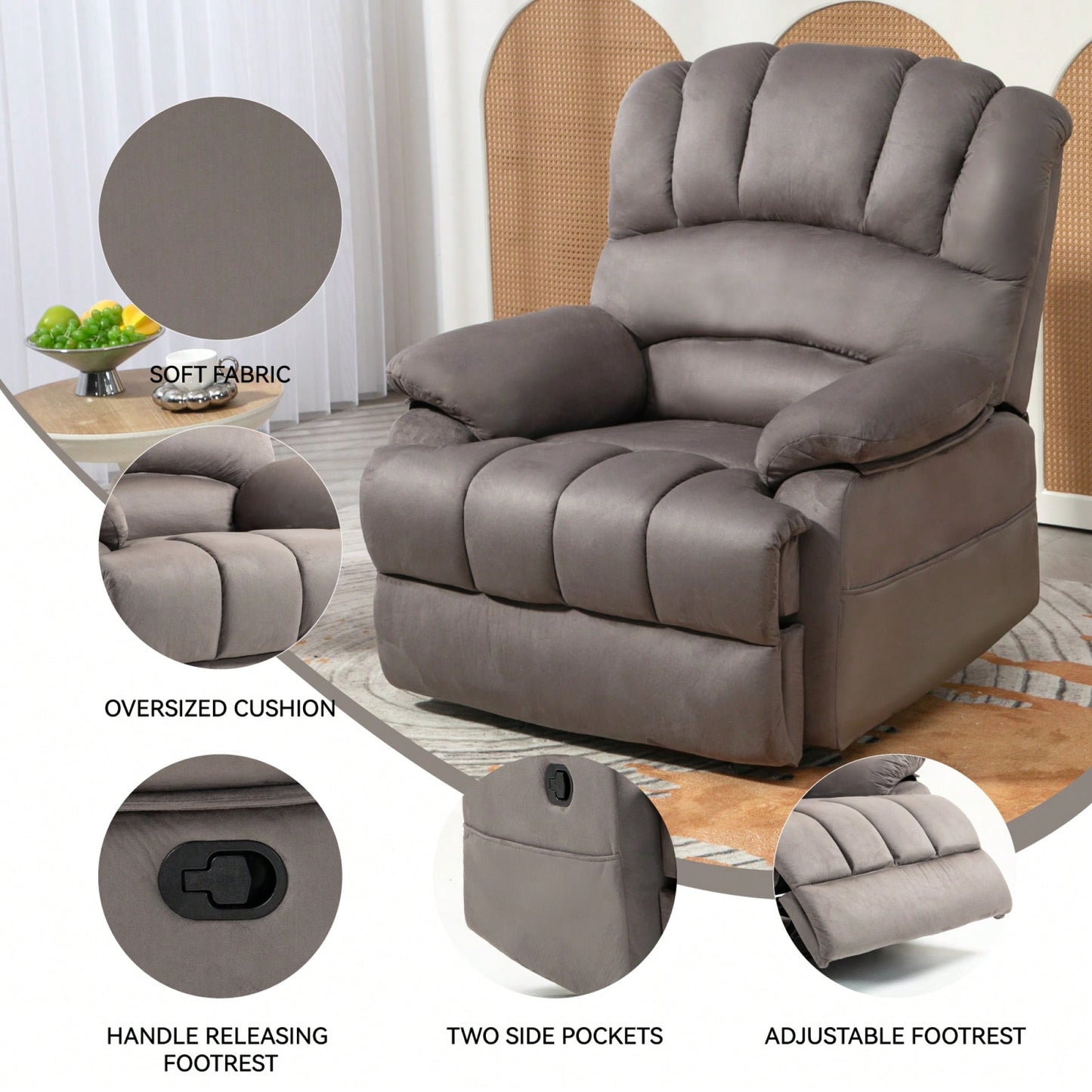 Fabric Large Manual Recliner Chair For Comfortable Living Room Seating Beige