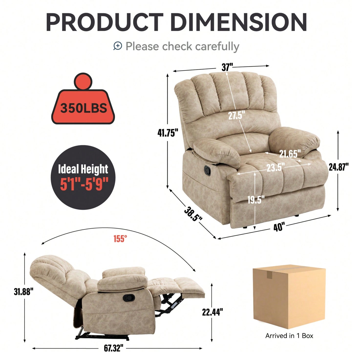 Fabric Large Manual Recliner Chair For Comfortable Living Room Seating Beige