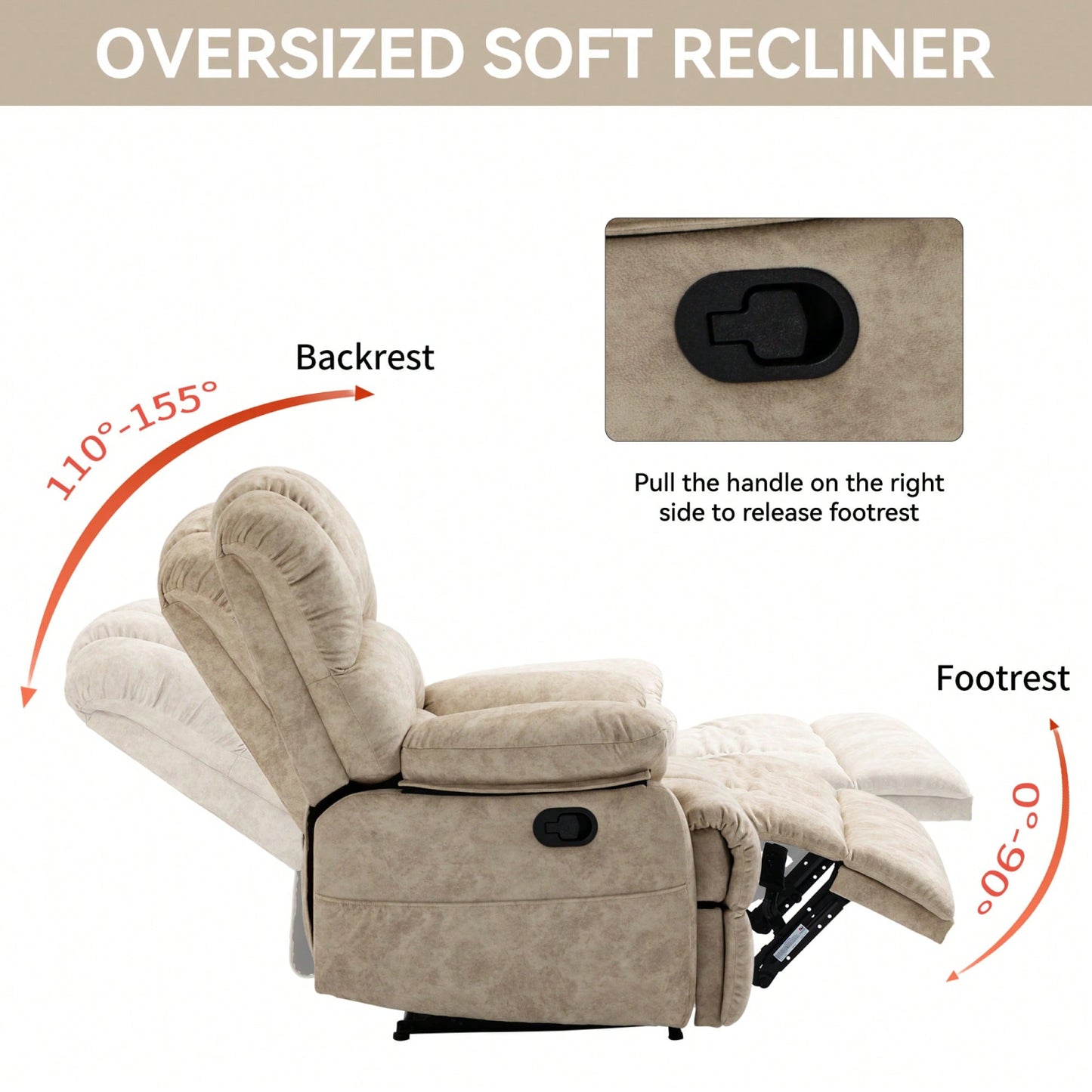 Fabric Large Manual Recliner Chair For Comfortable Living Room Seating Beige