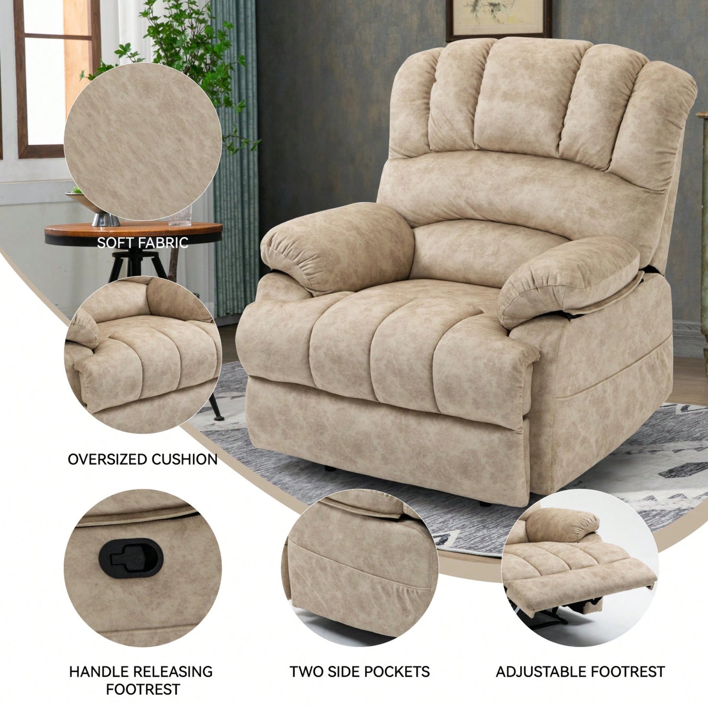 Fabric Large Manual Recliner Chair For Comfortable Living Room Seating Beige
