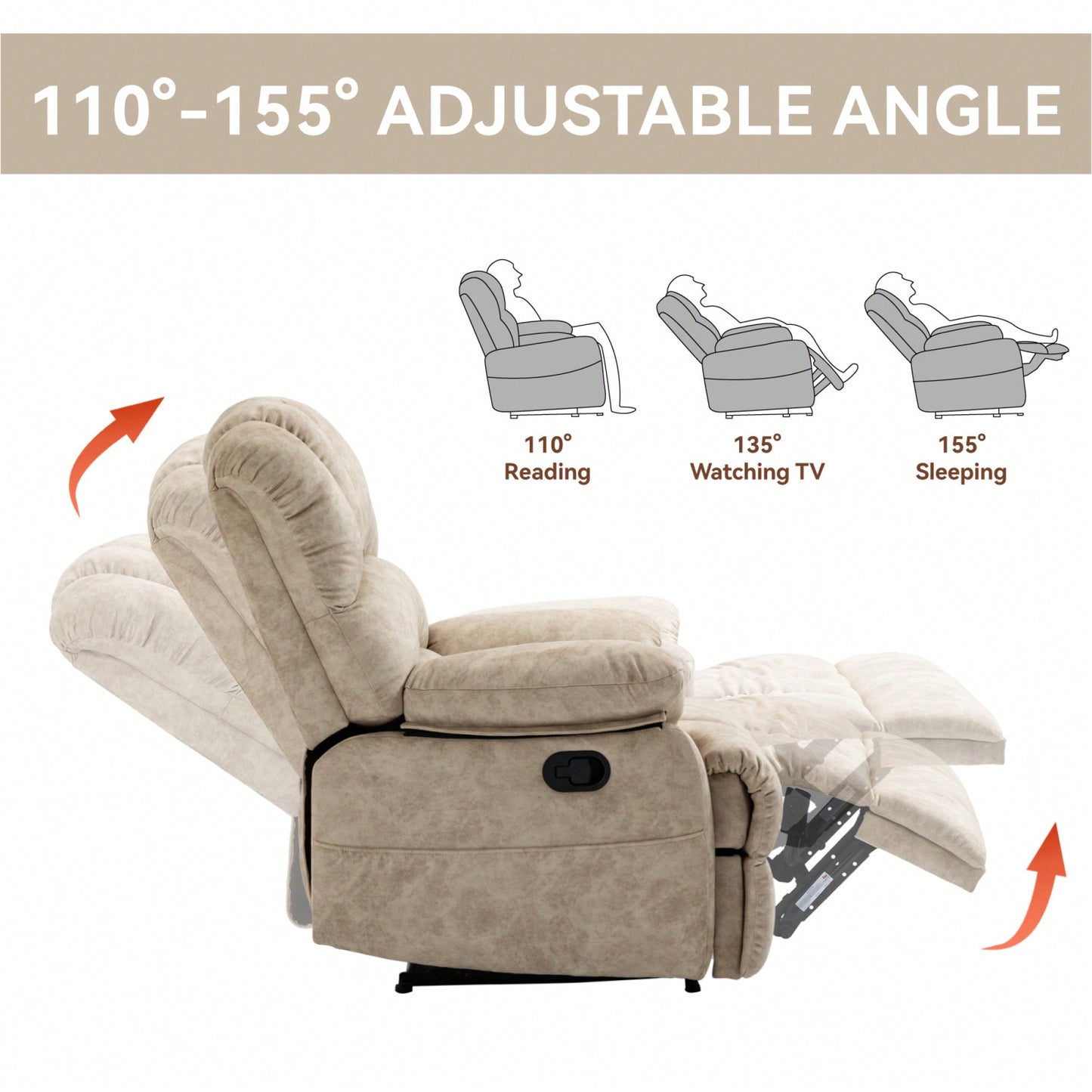 Fabric Large Manual Recliner Chair For Comfortable Living Room Seating Beige