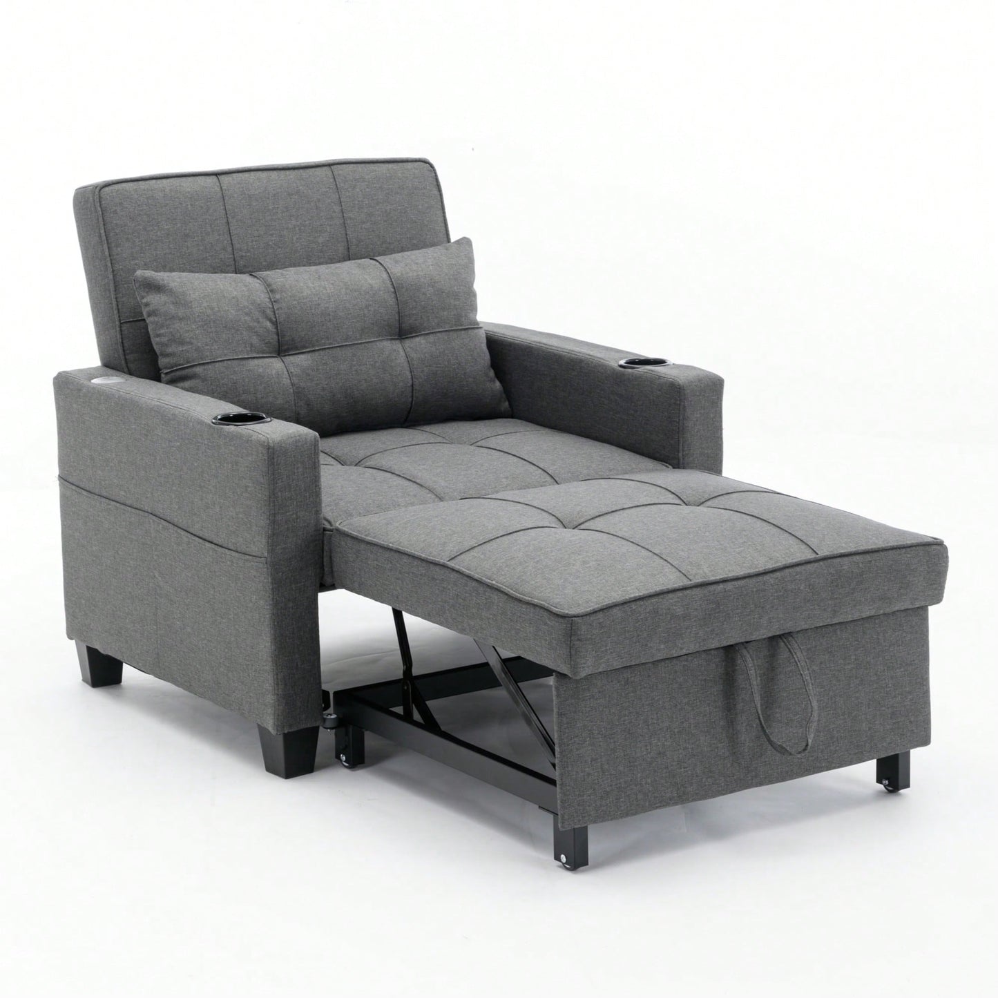 3-In-1 Convertible Futon Chair Bed With USB Ports Wear-Resistant Anti-Scratch Armchair Sleeper For Living Room Dark Grey Linen