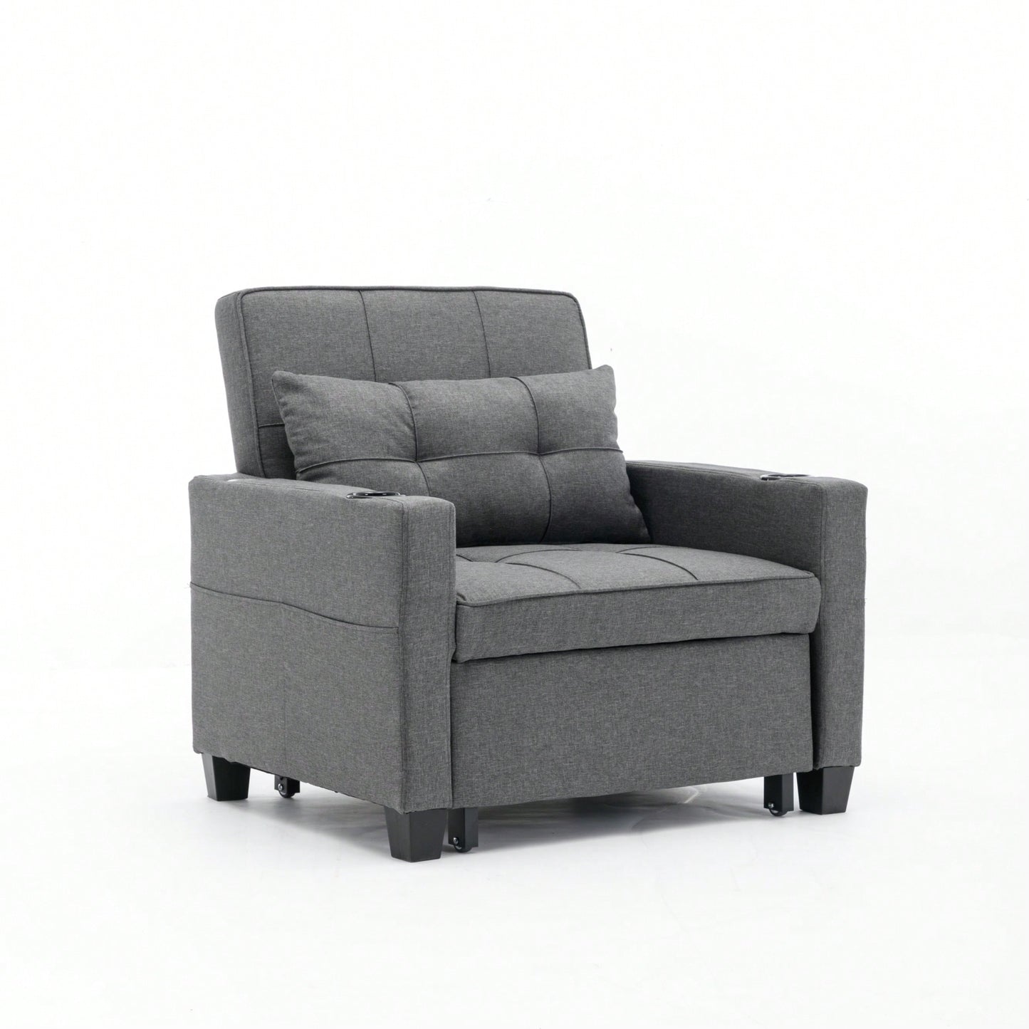 3-In-1 Convertible Futon Chair Bed With USB Ports Wear-Resistant Anti-Scratch Armchair Sleeper For Living Room Dark Grey Linen