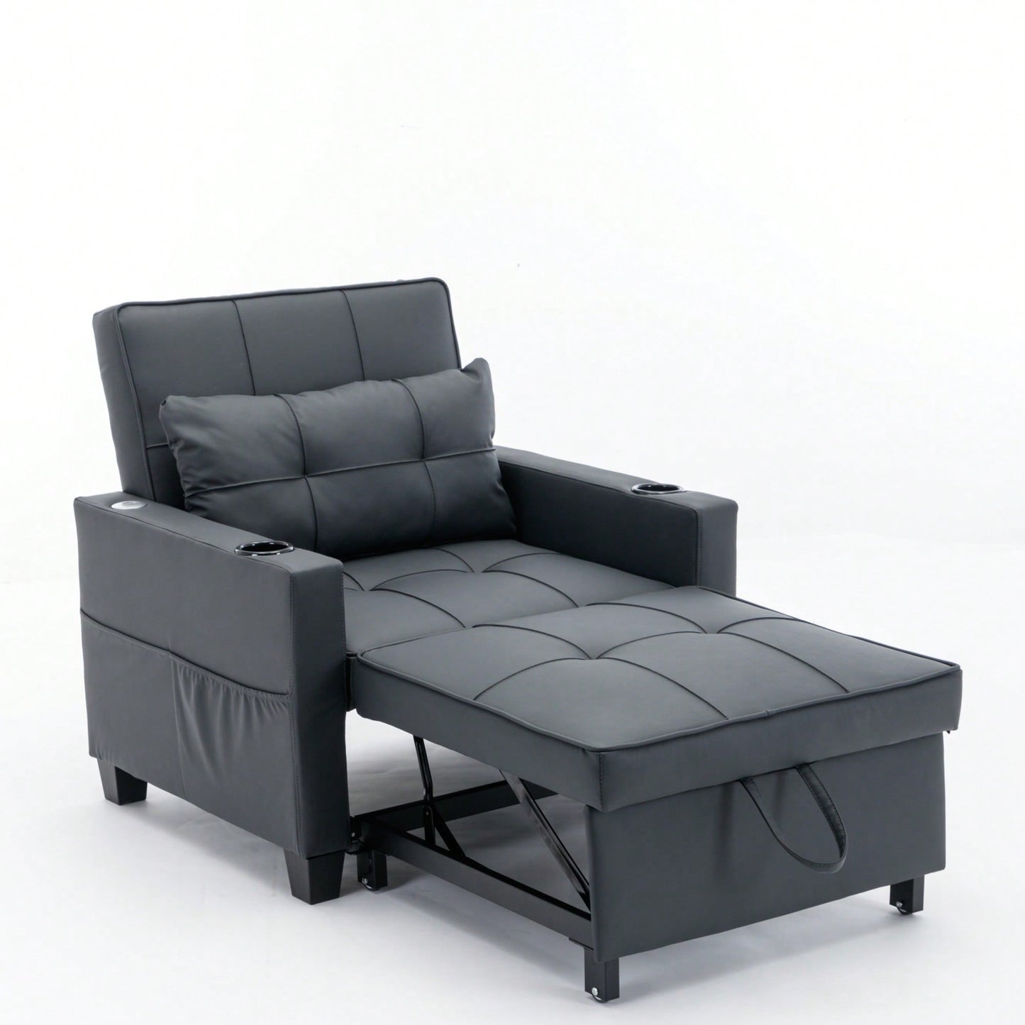 3-In-1 Convertible Futon Chair Bed With USB Ports Wear-Resistant Anti-Scratch Armchair Sleeper For Living Room Dark Grey Linen