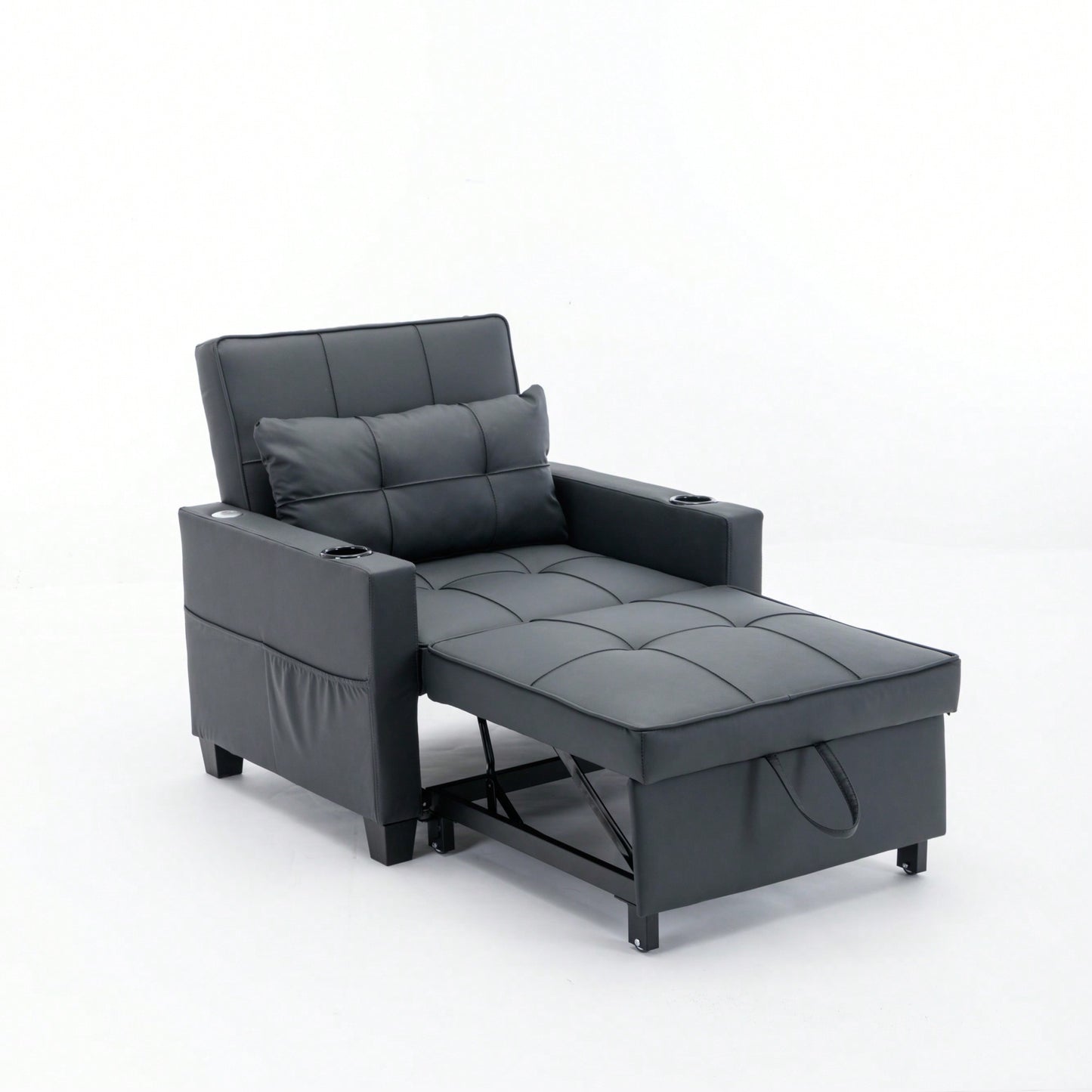 3-In-1 Convertible Futon Chair Bed With USB Ports Wear-Resistant Anti-Scratch Armchair Sleeper For Living Room Dark Grey Linen