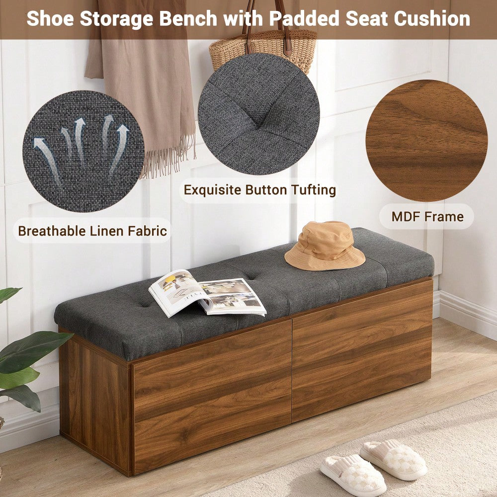 49 Inch Storage Bench With Adjustable Shelves Padded Seat Cushion And Double Doors Ideal For Entryway Hallway And Bedroom Light Grey