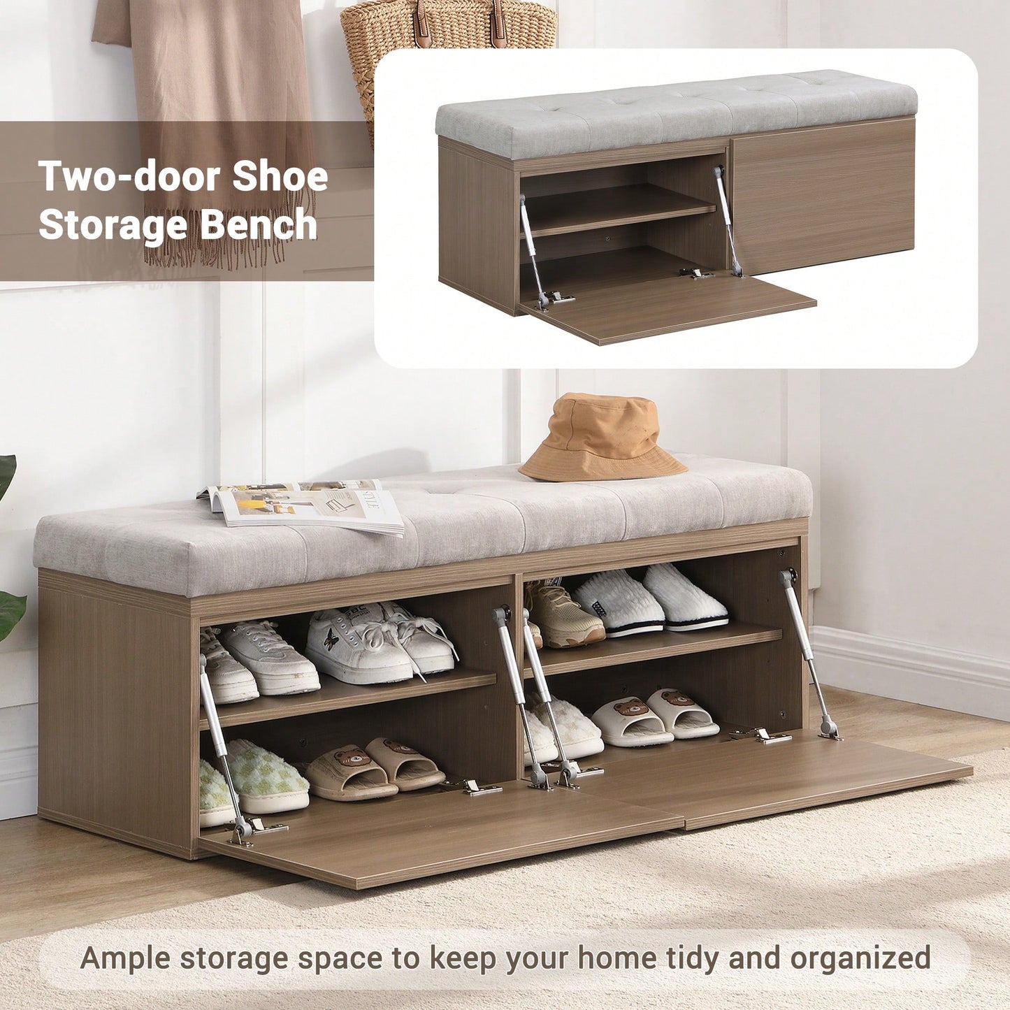 49 Inch Storage Bench With Adjustable Shelves Padded Seat Cushion And Double Doors Ideal For Entryway Hallway And Bedroom Light Grey