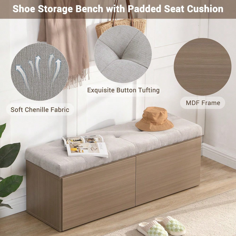 49 Inch Storage Bench With Adjustable Shelves Padded Seat Cushion And Double Doors Ideal For Entryway Hallway And Bedroom Light Grey