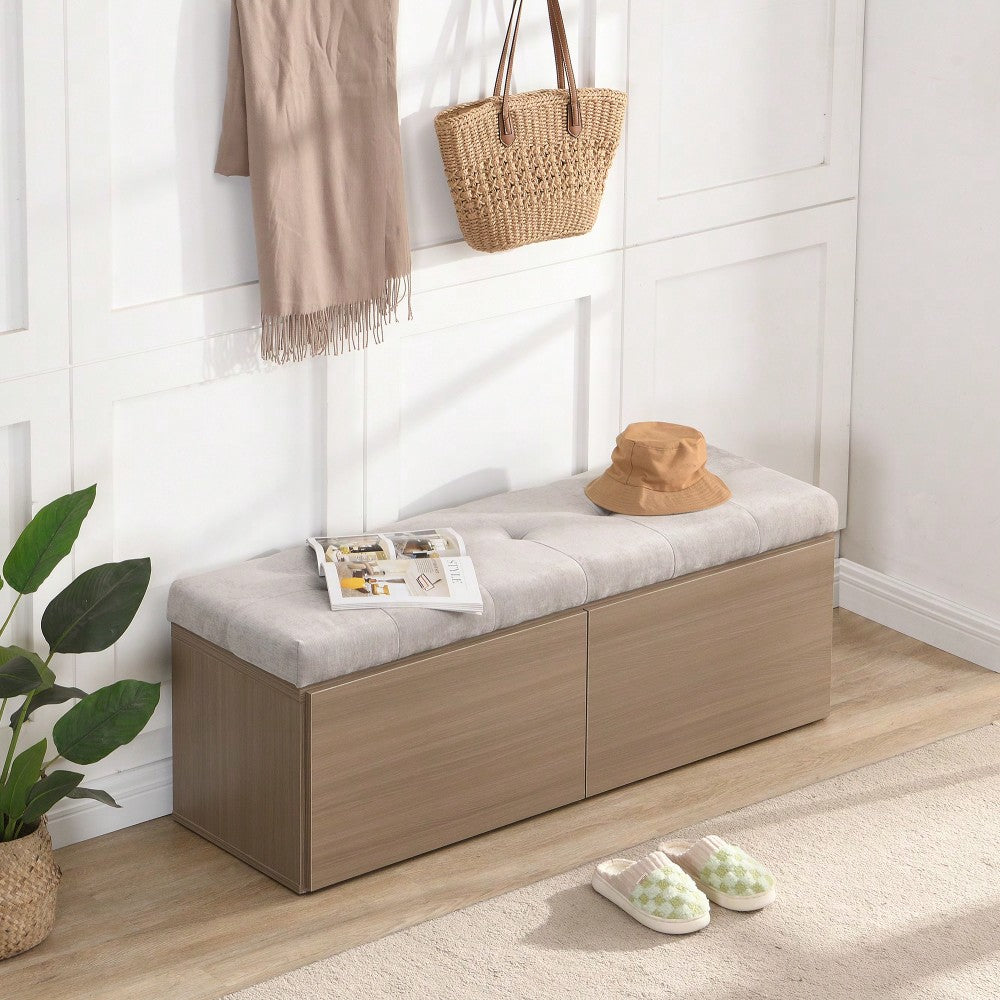 49 Inch Storage Bench With Adjustable Shelves Padded Seat Cushion And Double Doors Ideal For Entryway Hallway And Bedroom Light Grey