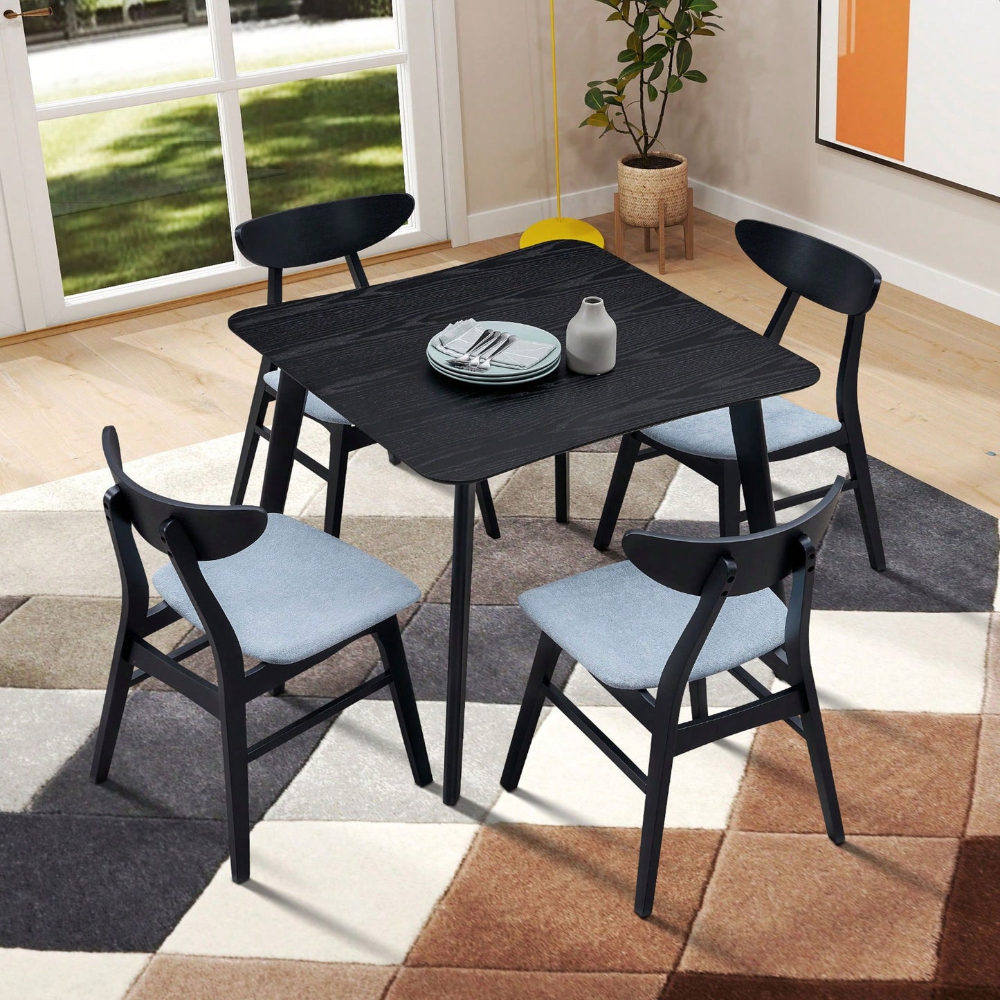 35.43 Inch Space-Saving Wooden Dining Table For 4, Modern Square Kitchen Table For Living Room, Apartment, And Restaurant, Black Finish
