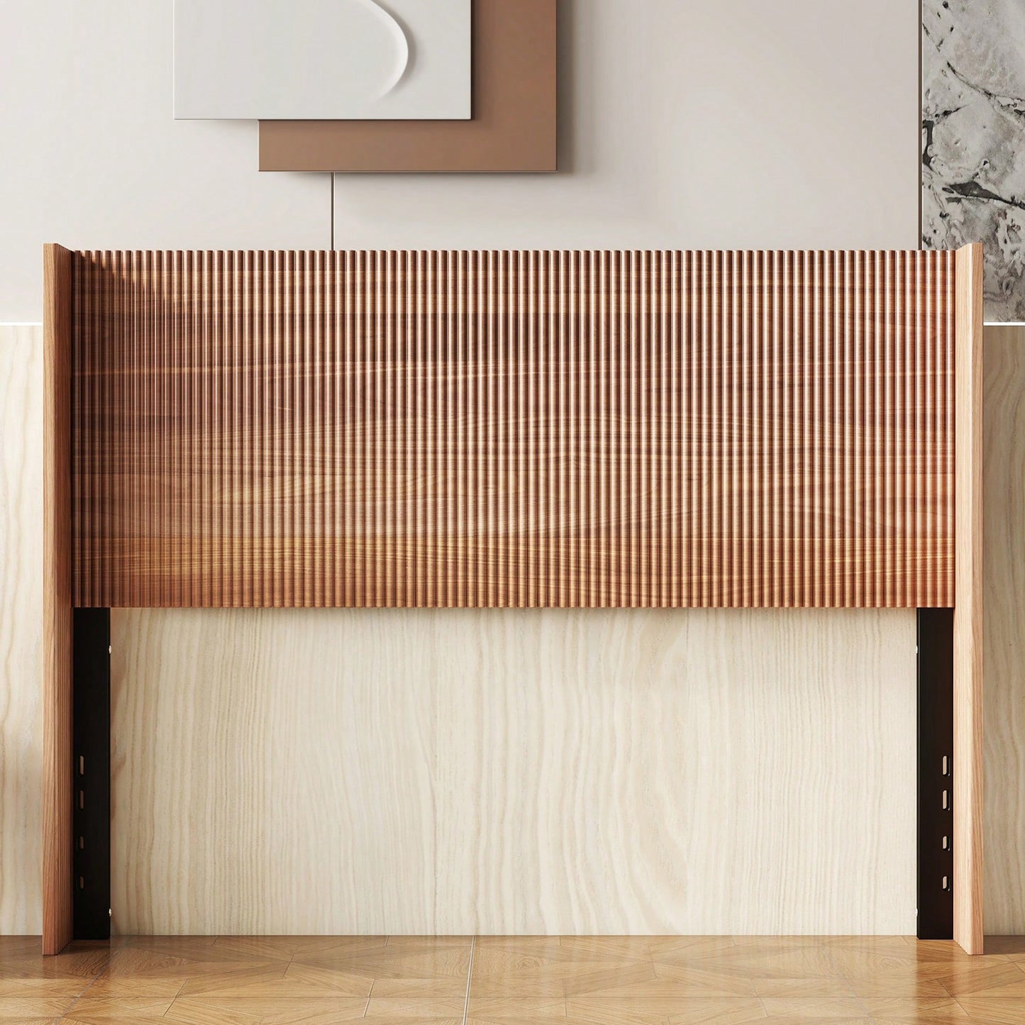 Modern Farmhouse Wing-Back Headboard With Convex Groove Design In Golden Oak For Queen Bed
