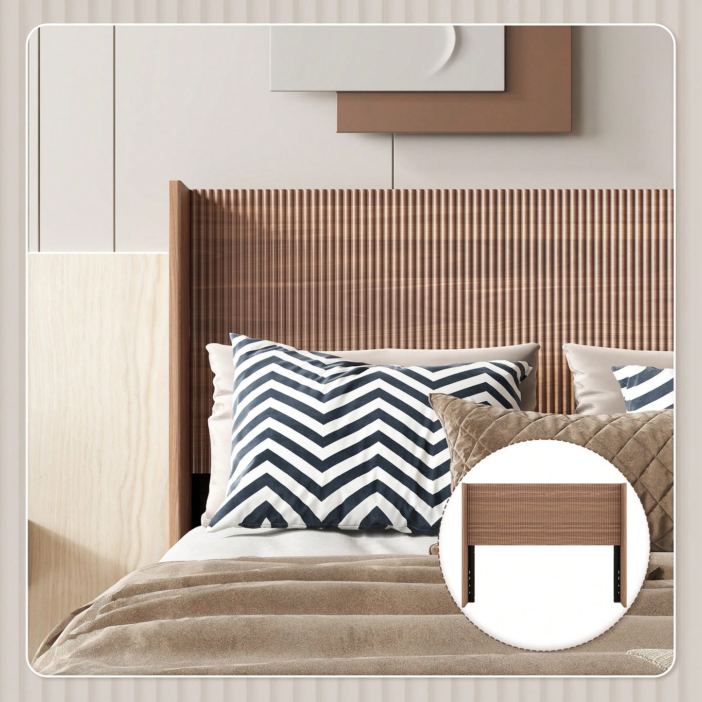Modern Farmhouse Wing-Back Headboard With Convex Groove Design In Golden Oak For Queen Bed