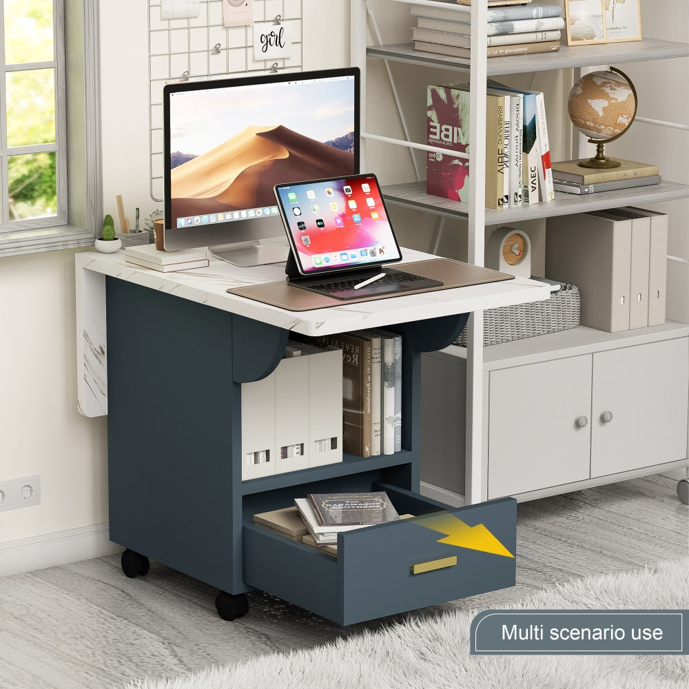 39.4 Inch Versatile Wood Folding Dining Table on Wheels with Storage Rack and Drawer Space Saving Extendable Kitchen End Table