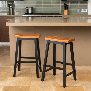 Set Of 2, 29 Inch Wooden Saddle Stool For Kitchen Or Bar Seating