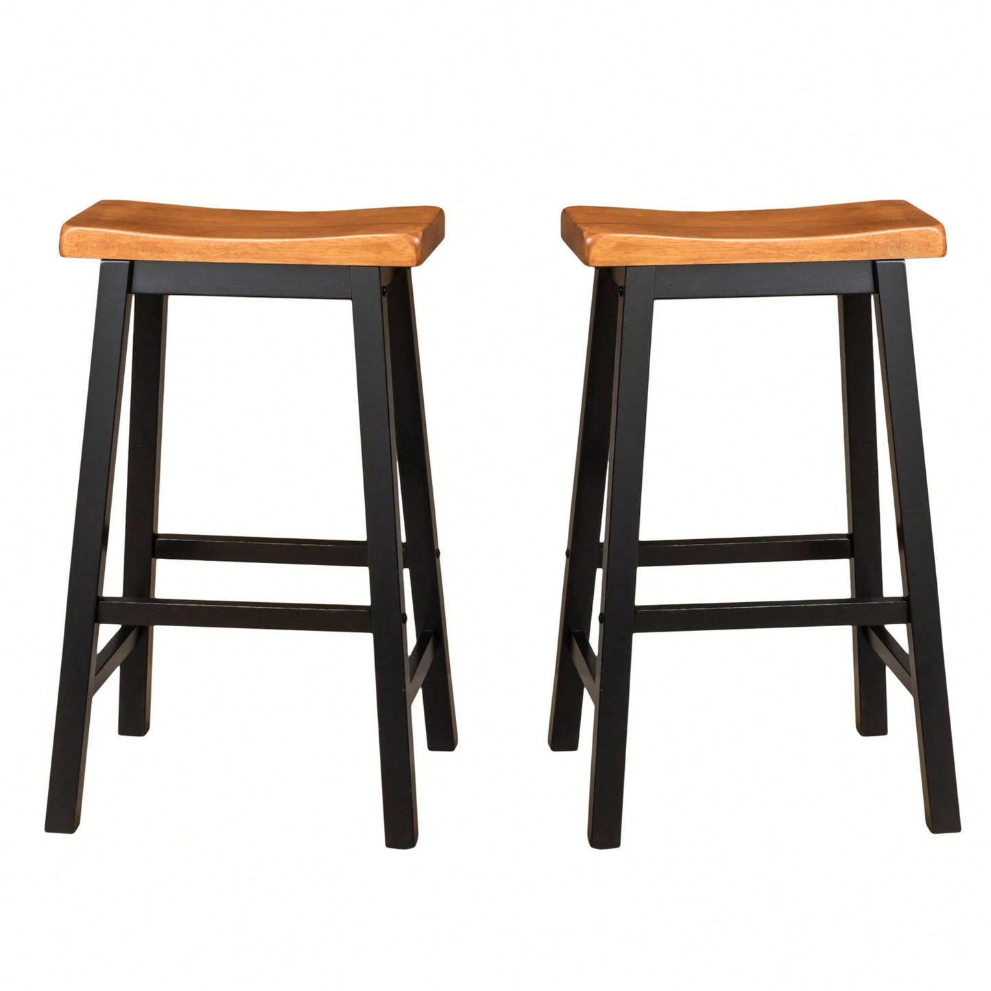 Set Of 2, 29 Inch Wooden Saddle Stool For Kitchen Or Bar Seating