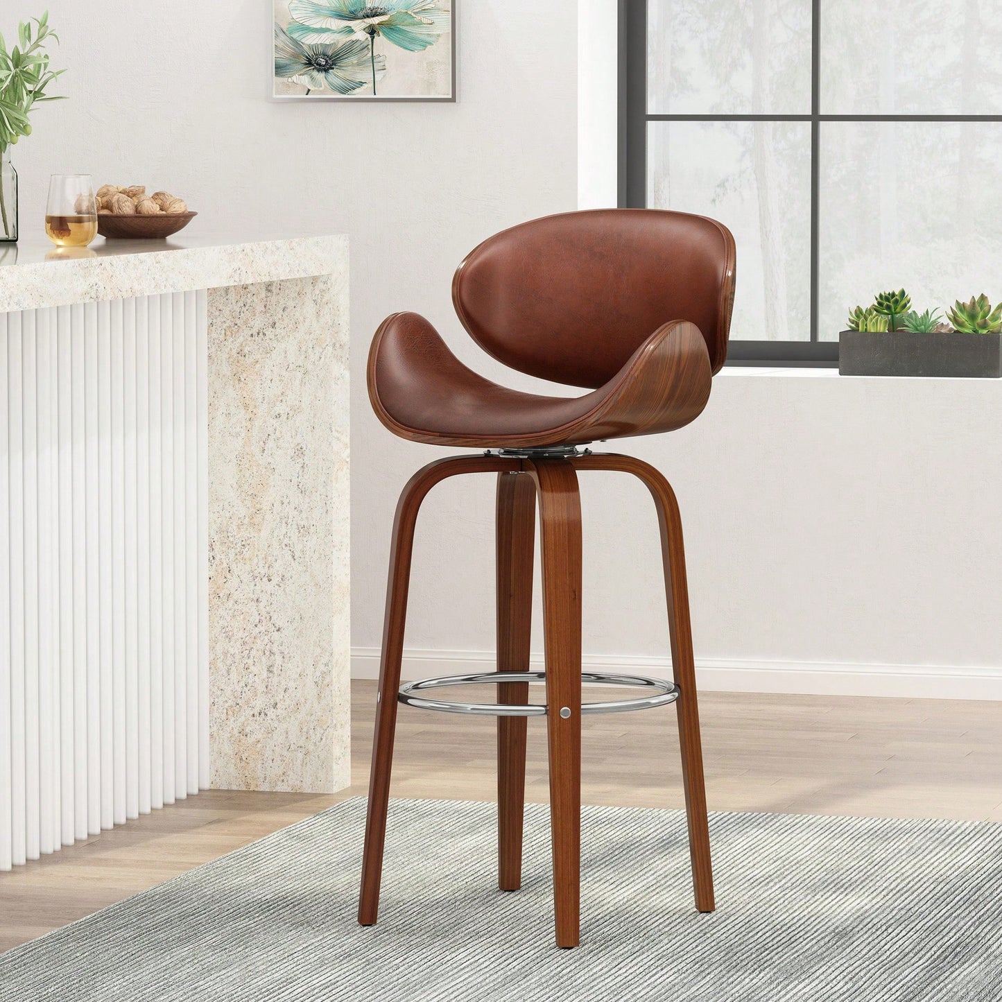 30 Inch Mid-Century Modern Upholstered Swivel Barstool In Walnut And Cognac Finish