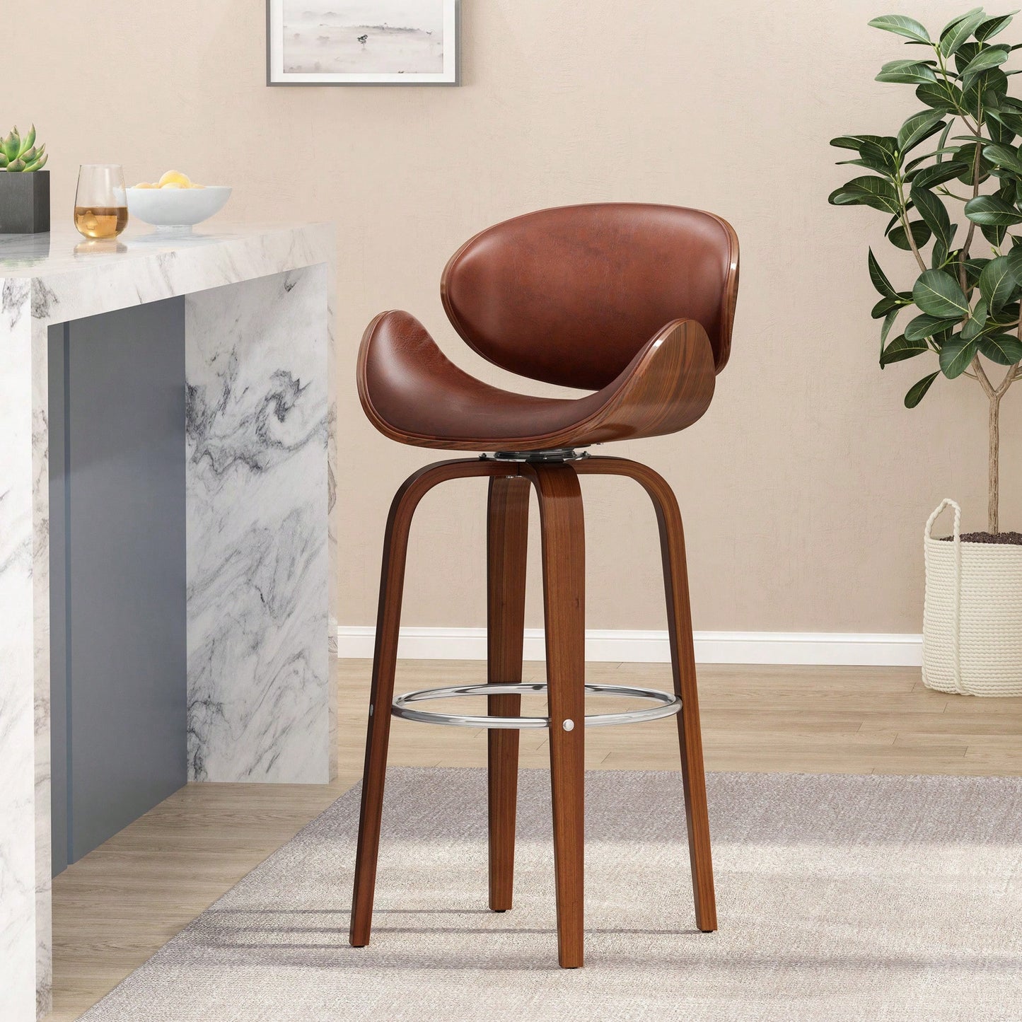 30 Inch Mid-Century Modern Upholstered Swivel Barstool In Walnut And Cognac Finish