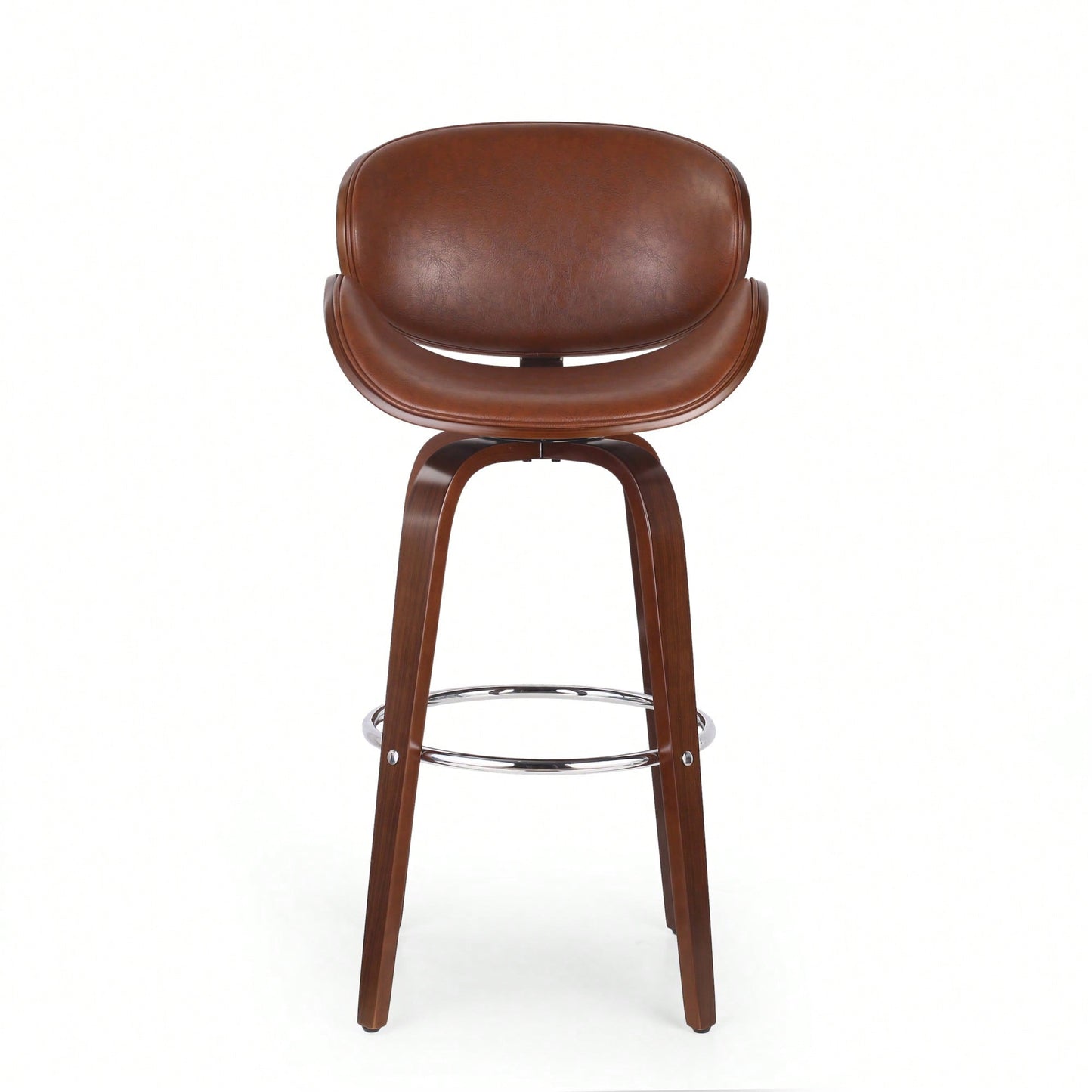 30 Inch Mid-Century Modern Upholstered Swivel Barstool In Walnut And Cognac Finish