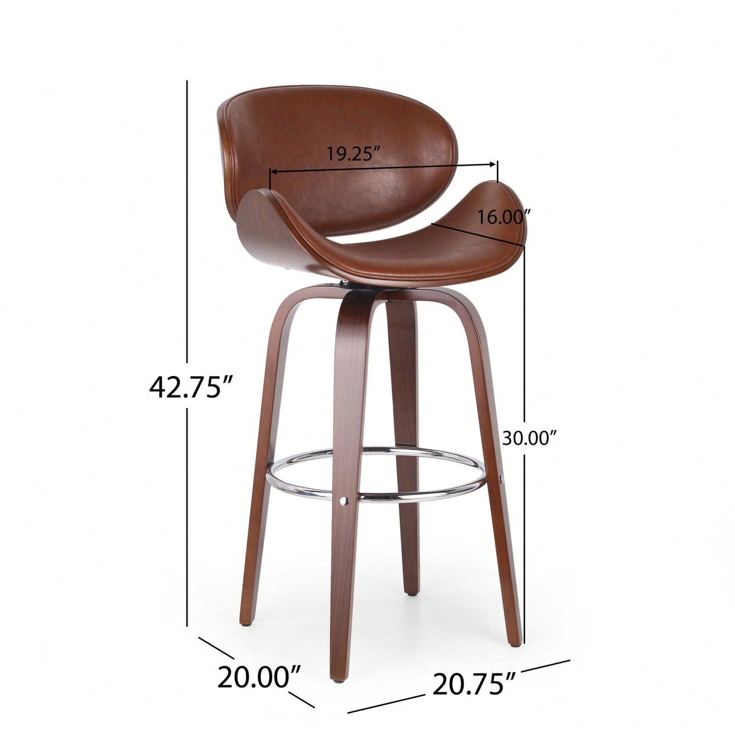 30 Inch Mid-Century Modern Upholstered Swivel Barstool In Walnut And Cognac Finish
