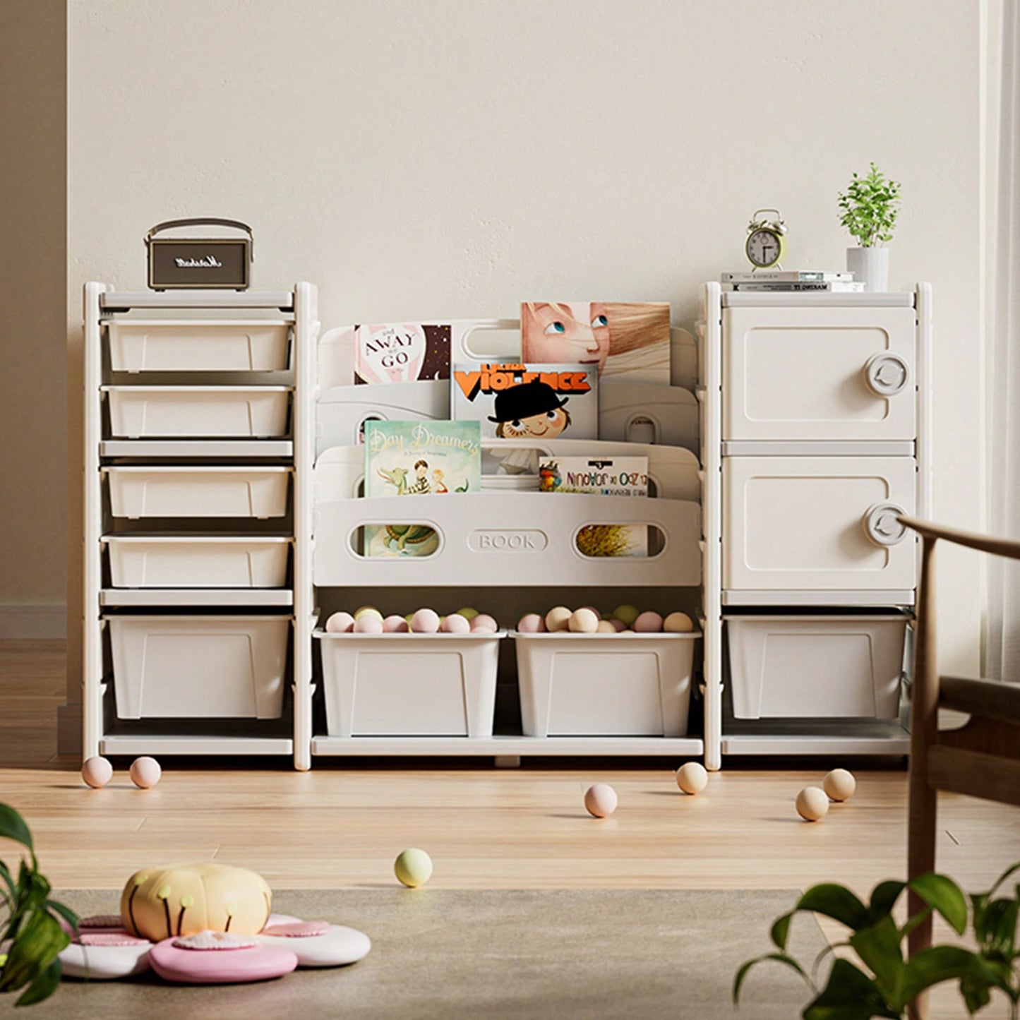 Kids Toy Storage Organizer With Removable Bins 4-Tier Bookshelf And Cabinet For Playroom Bedroom Kids Room