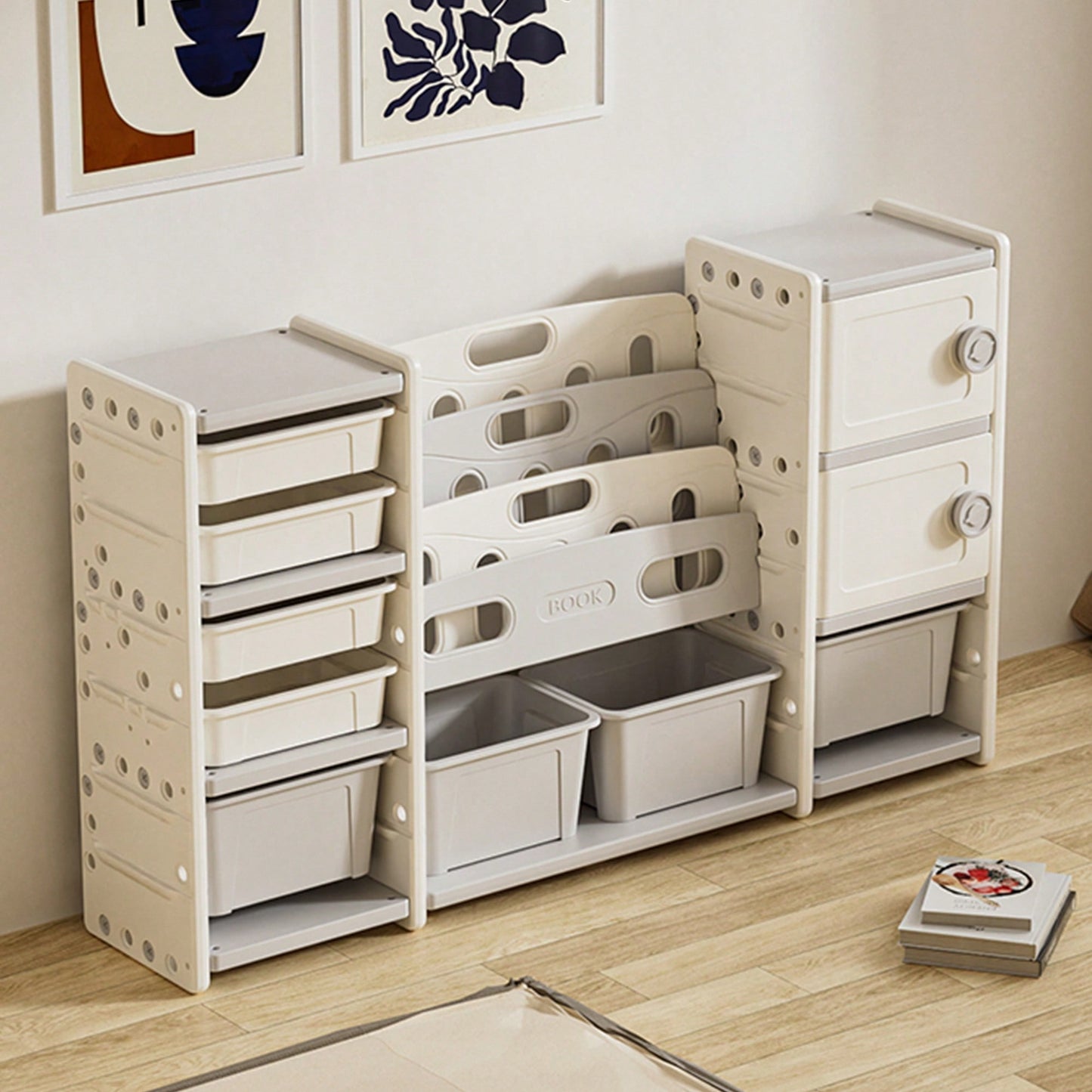 Kids Toy Storage Organizer With Removable Bins 4-Tier Bookshelf And Cabinet For Playroom Bedroom Kids Room