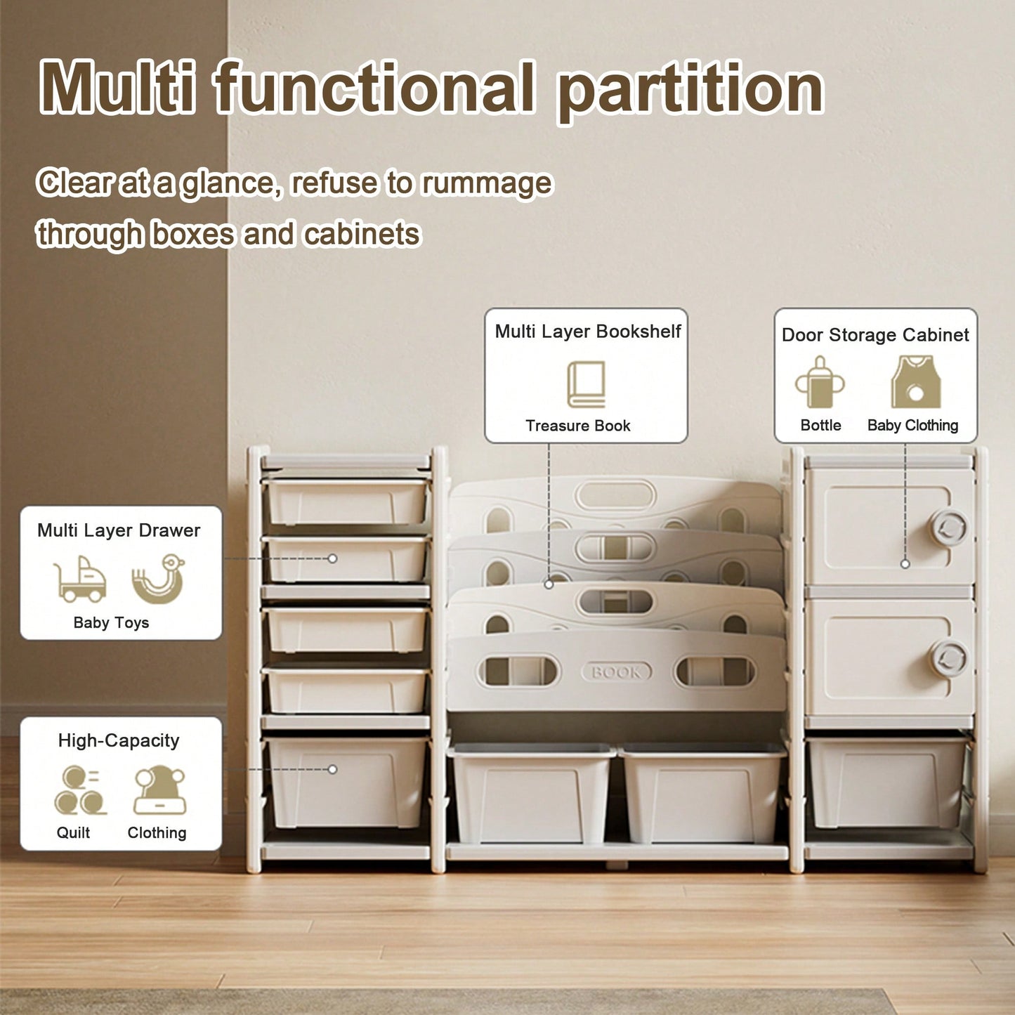 Kids Toy Storage Organizer With Removable Bins 4-Tier Bookshelf And Cabinet For Playroom Bedroom Kids Room