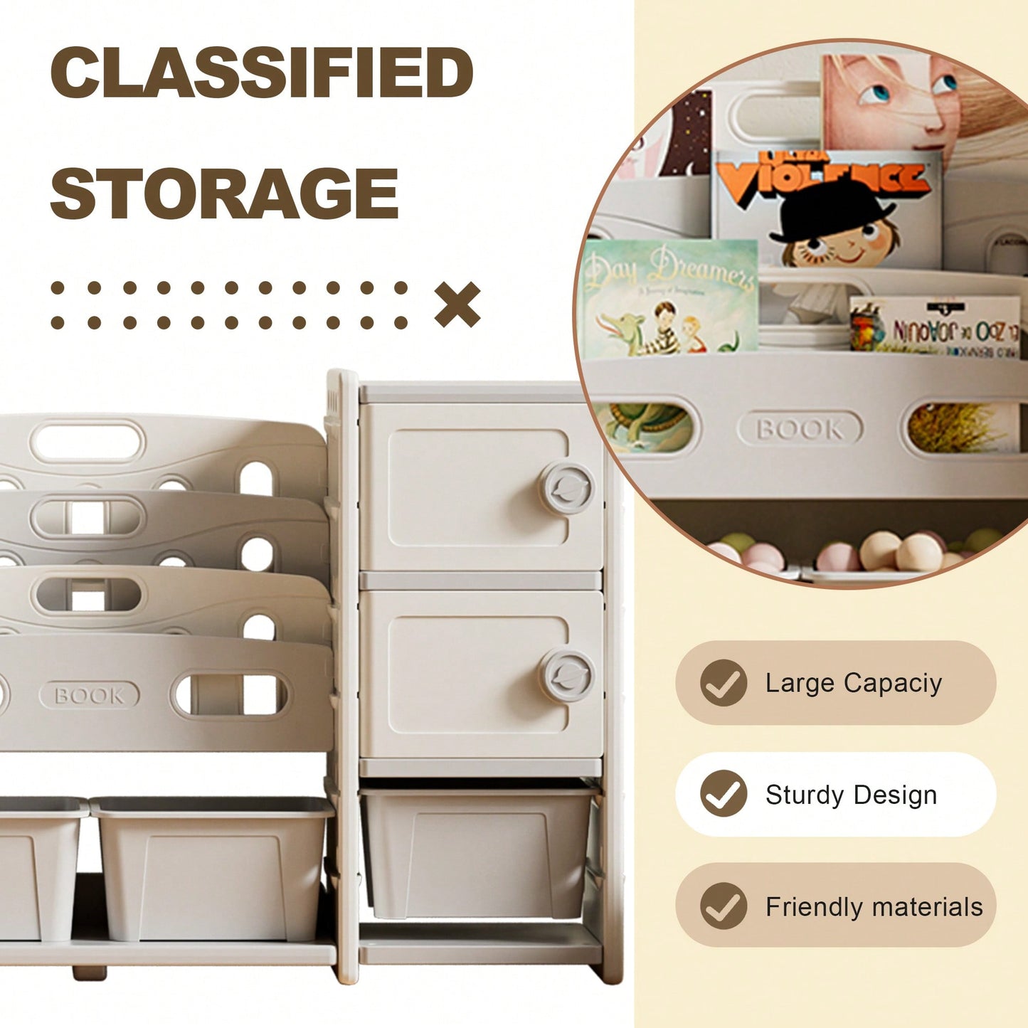Kids Toy Storage Organizer With Removable Bins 4-Tier Bookshelf And Cabinet For Playroom Bedroom Kids Room
