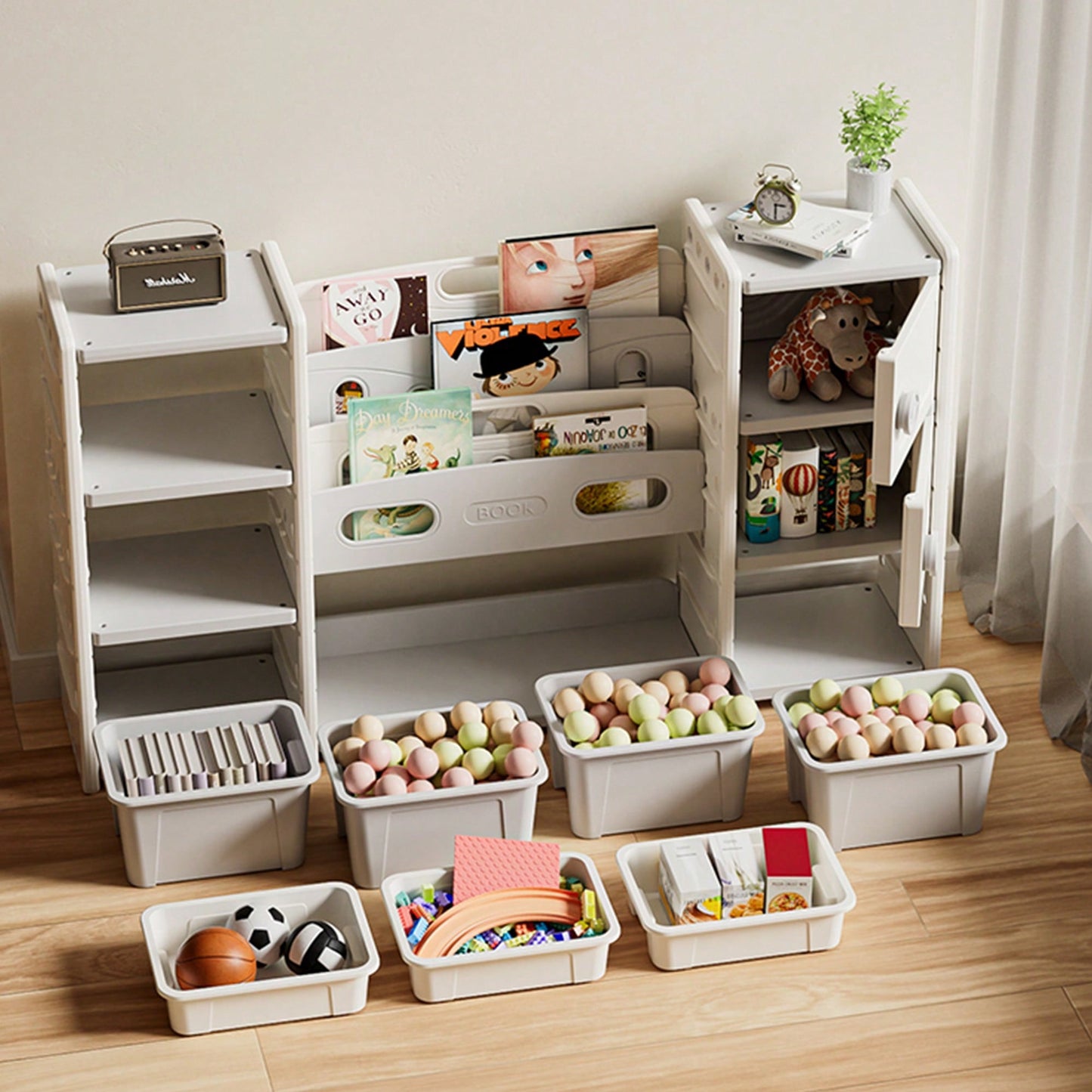 Kids Toy Storage Organizer With Removable Bins 4-Tier Bookshelf And Cabinet For Playroom Bedroom Kids Room