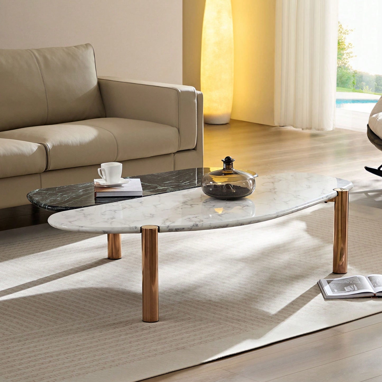 Elegant Faux Marble Coffee Table With Gold Metal Legs For Living Room And Home Office Accent Decor