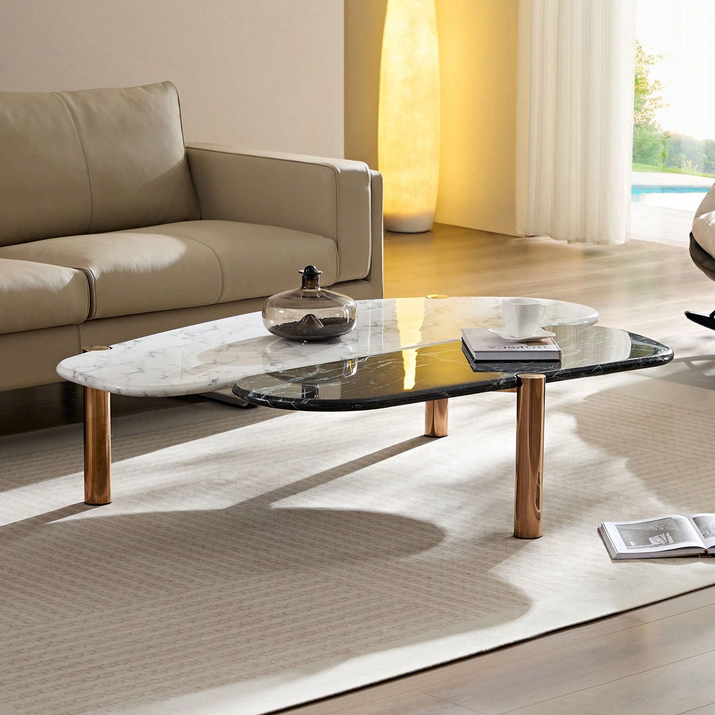 Elegant Faux Marble Coffee Table With Gold Metal Legs For Living Room And Home Office Accent Decor