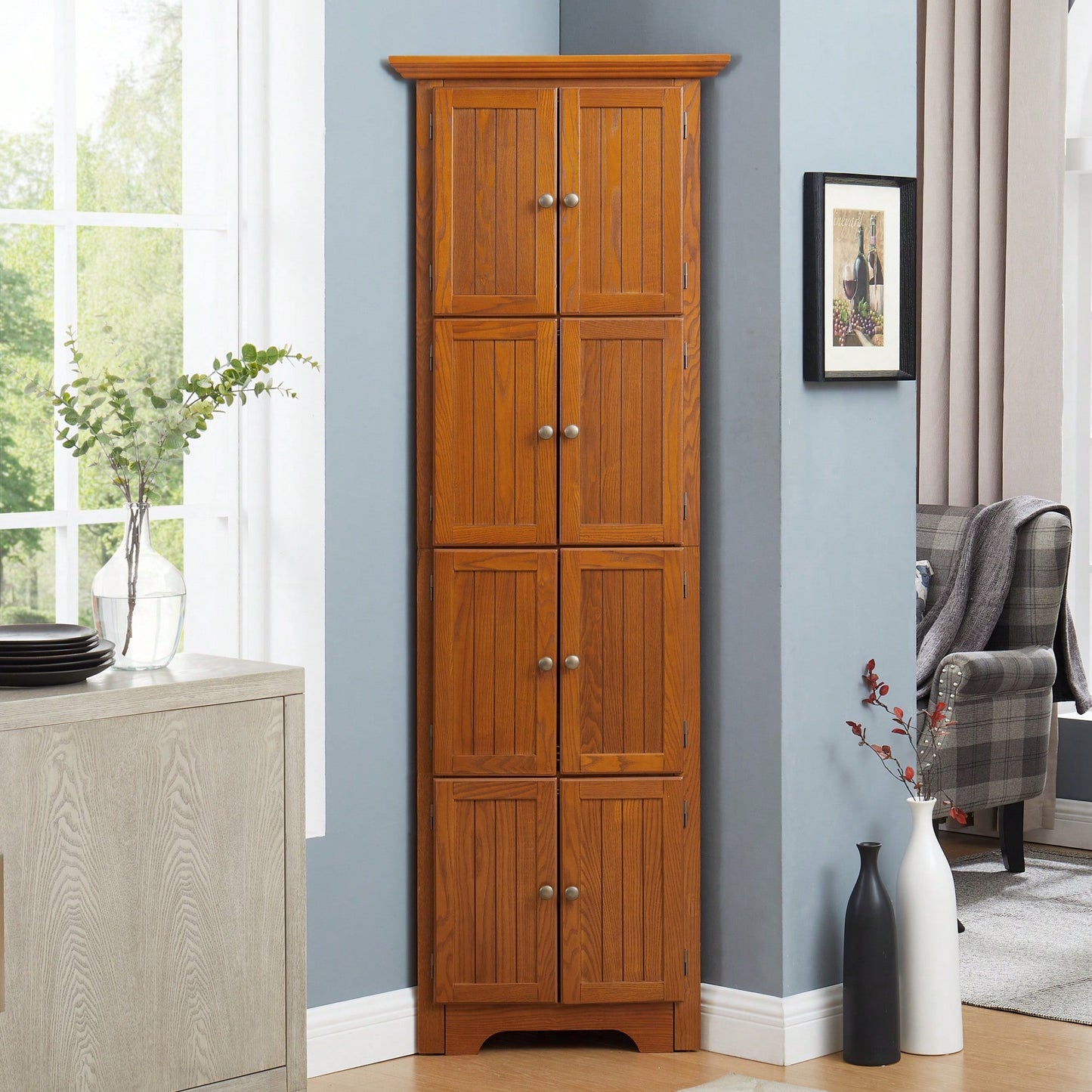 72 Inch Corner Kitchen Pantry Storage Cabinet With 8 Doors Adjustable Shelves For Bathroom Living Room And Kitchen Cherry Finish