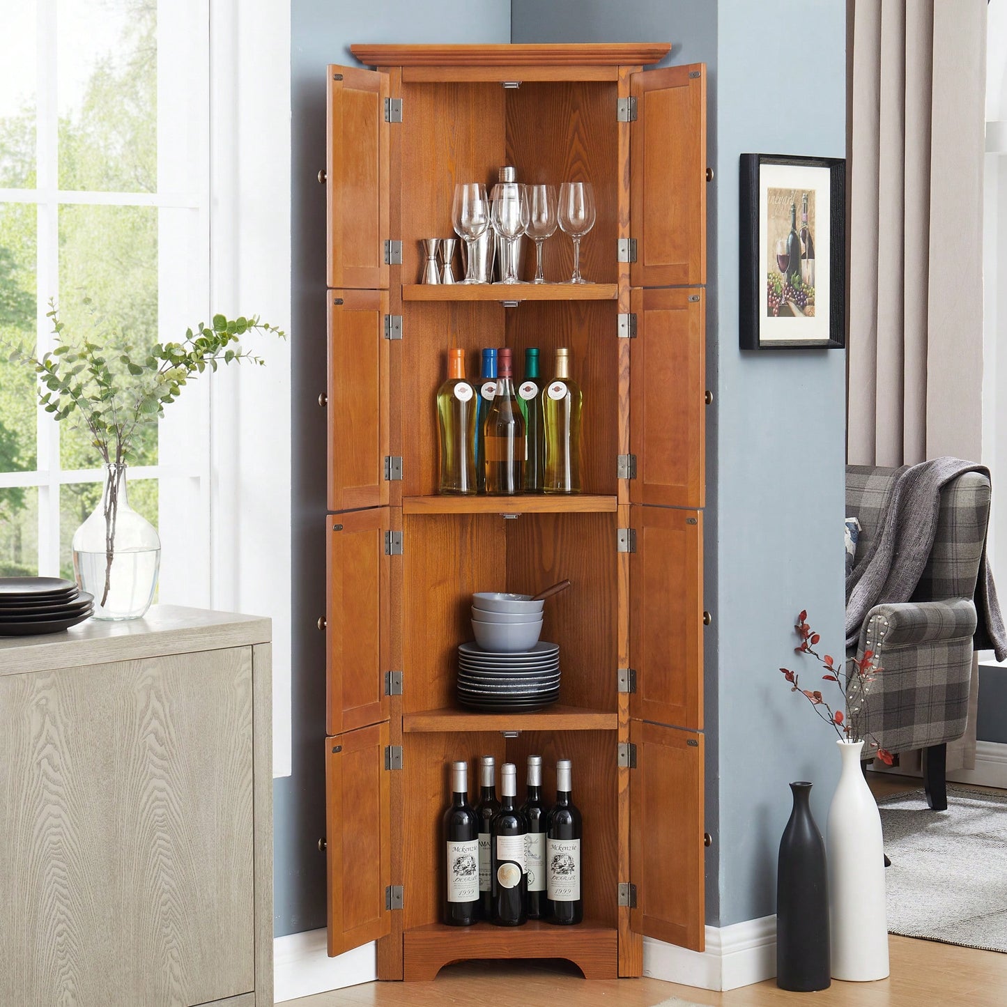 72 Inch Corner Kitchen Pantry Storage Cabinet With 8 Doors Adjustable Shelves For Bathroom Living Room And Kitchen Cherry Finish