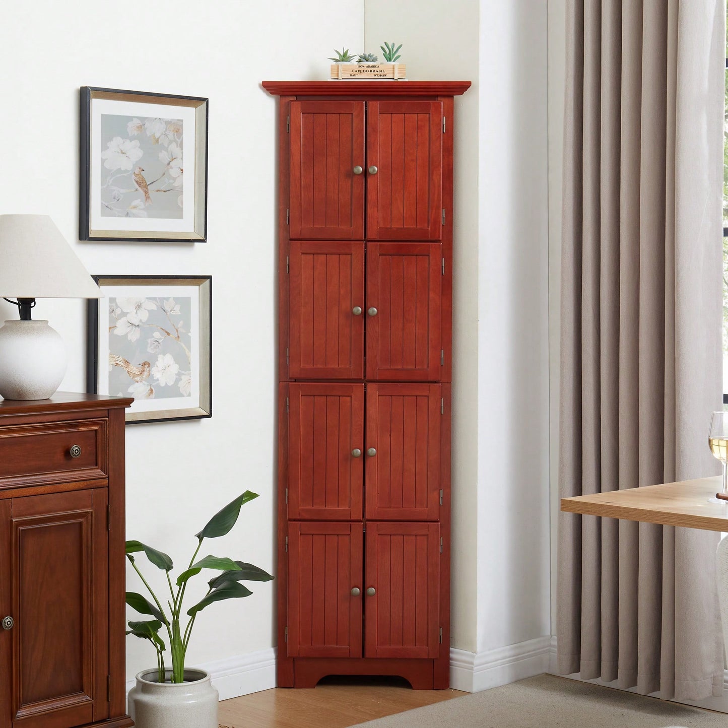 72 Inch Corner Kitchen Pantry Storage Cabinet With 8 Doors Adjustable Shelves For Bathroom Living Room And Kitchen Cherry Finish