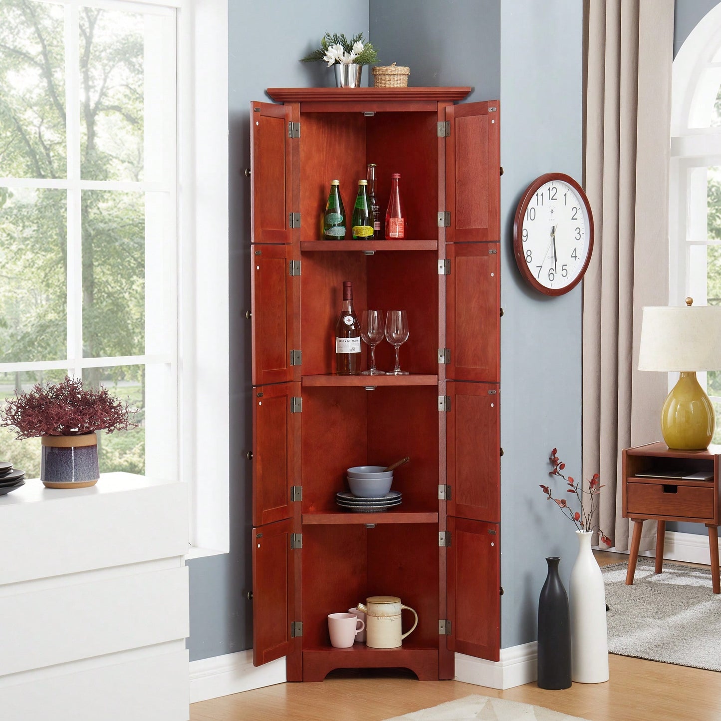 72 Inch Corner Kitchen Pantry Storage Cabinet With 8 Doors Adjustable Shelves For Bathroom Living Room And Kitchen Cherry Finish