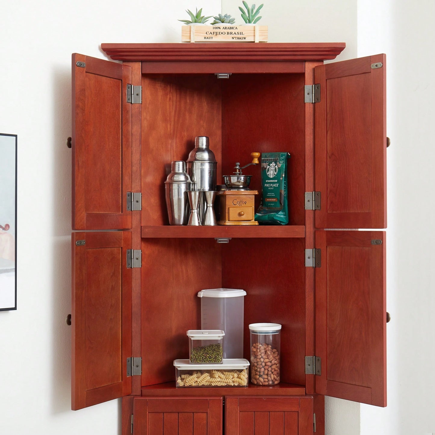 72 Inch Corner Kitchen Pantry Storage Cabinet With 8 Doors Adjustable Shelves For Bathroom Living Room And Kitchen Cherry Finish