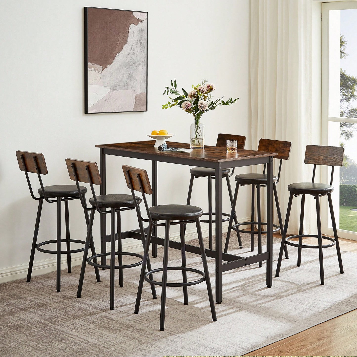 Industrial Style 7 Piece Pub High Dining Set With Rustic Grey Table And 6 PU Leather Bar Chairs For Kitchen And Living Room